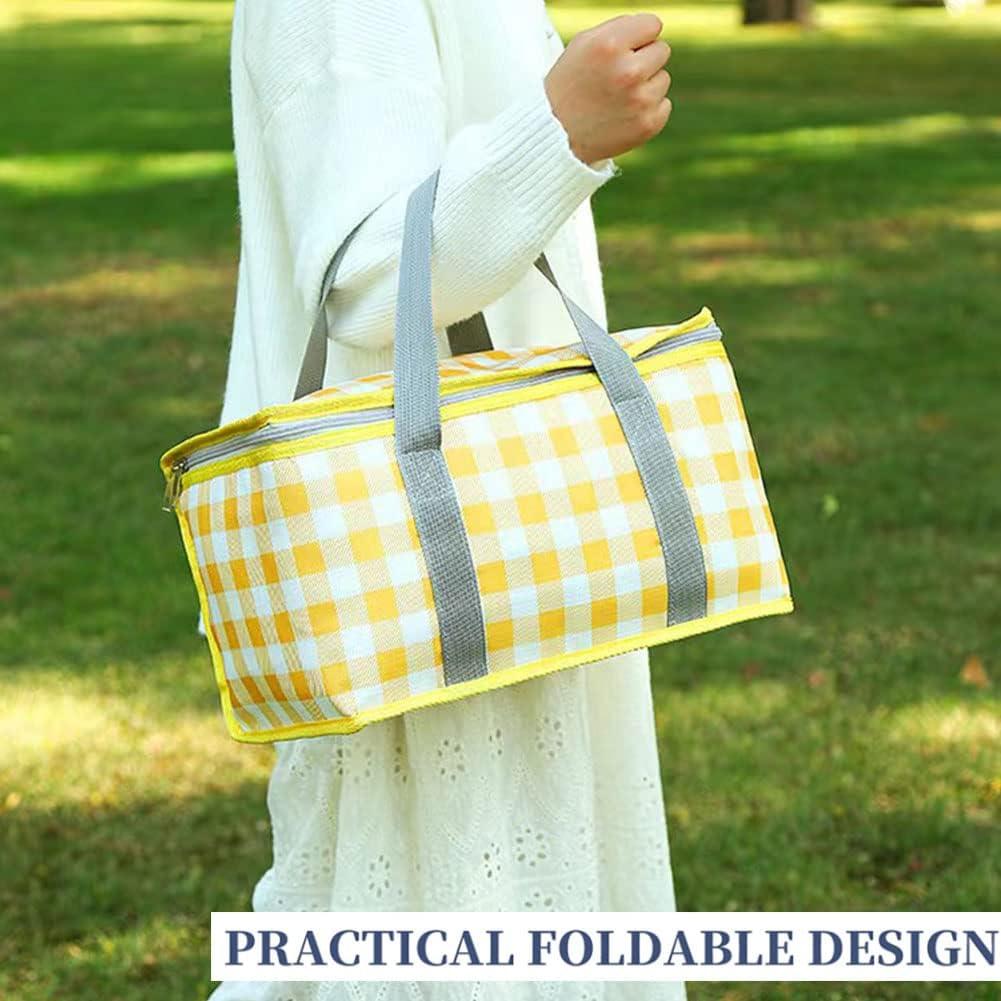 Insulated Reusable Food Picnic Bag Beach Bags, Cooler Bags with Zippered Top -for Hot or Cold,Picnic Basket Collapsible,Beach, Outdoor Party, Camping,Festivals (Yellow)