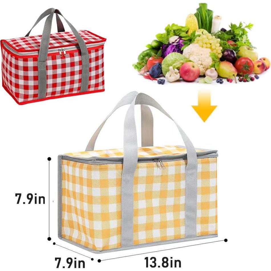 Insulated Reusable Food Picnic Bag Beach Bags, Cooler Bags with Zippered Top -for Hot or Cold,Picnic Basket Collapsible,Beach, Outdoor Party, Camping,Festivals (Yellow)