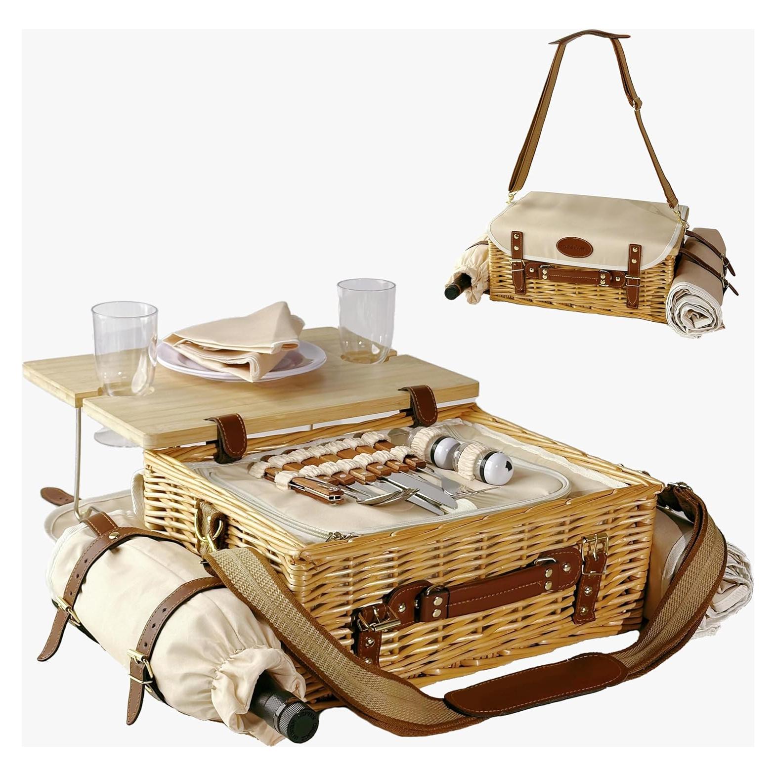 Multifunctional Wicker Picnic Basket Set for 2 Adults with Picnic Table and Blankets,Large Insulated Picnic Set with Wine Pouch and Full Tablewares for Camping Outdoor Couples Natural Beach Wedding