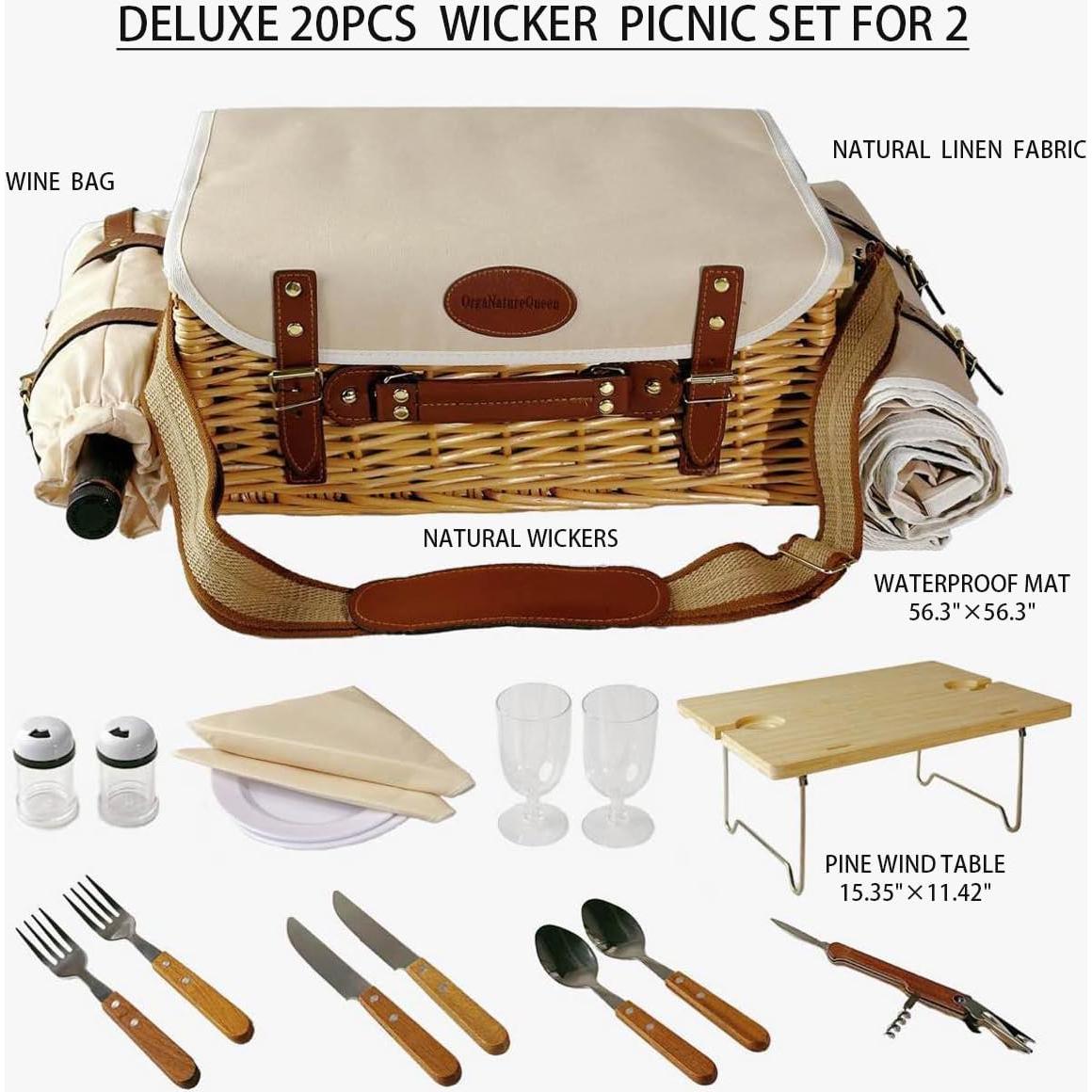 Multifunctional Wicker Picnic Basket Set for 2 Adults with Picnic Table and Blankets,Large Insulated Picnic Set with Wine Pouch and Full Tablewares for Camping Outdoor Couples Natural Beach Wedding