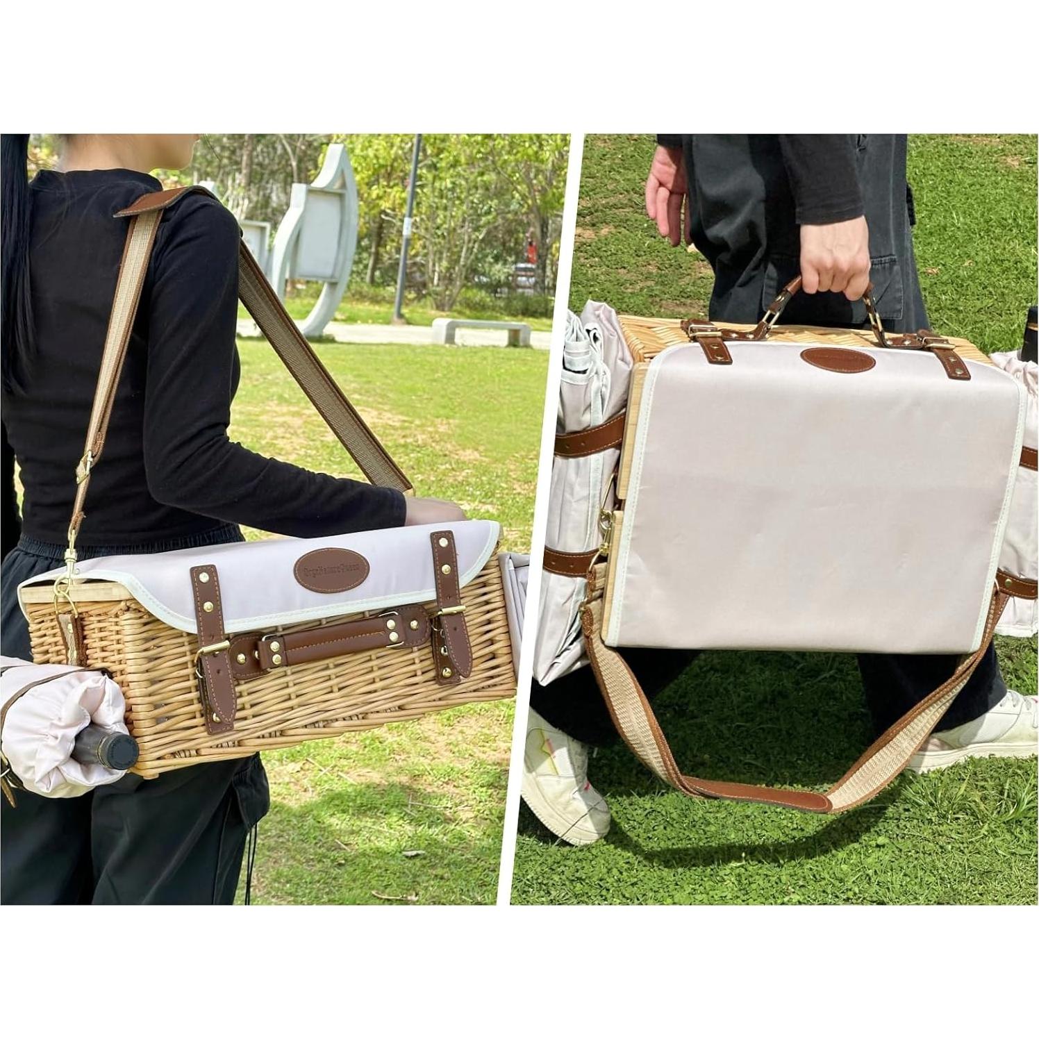 Multifunctional Wicker Picnic Basket Set for 2 Adults with Picnic Table and Blankets,Large Insulated Picnic Set with Wine Pouch and Full Tablewares for Camping Outdoor Couples Natural Beach Wedding