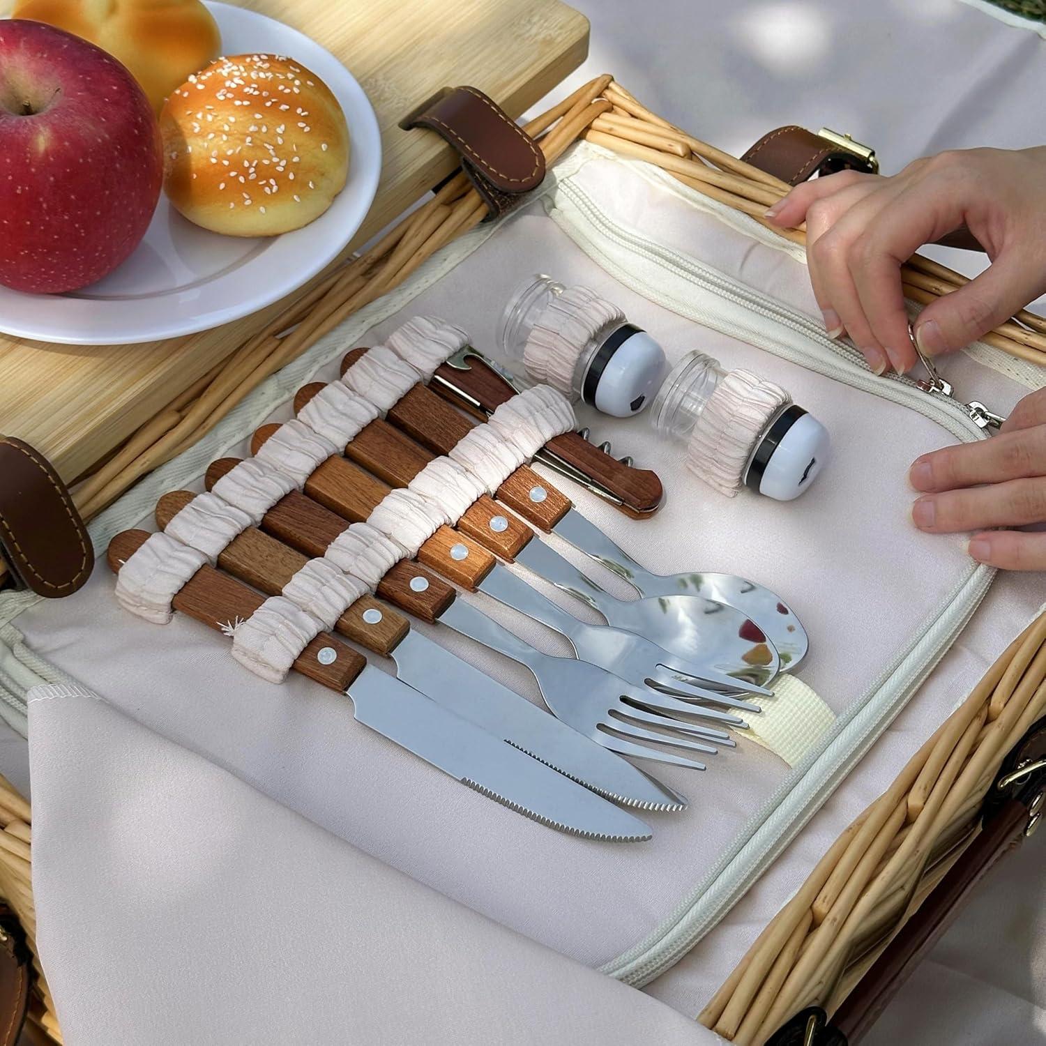 Multifunctional Wicker Picnic Basket Set for 2 Adults with Picnic Table and Blankets,Large Insulated Picnic Set with Wine Pouch and Full Tablewares for Camping Outdoor Couples Natural Beach Wedding