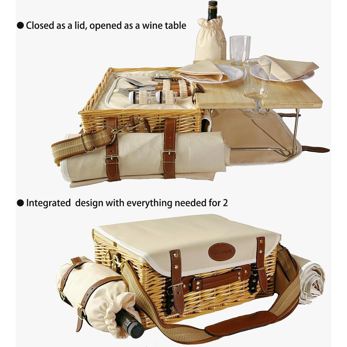 Multifunctional Wicker Picnic Basket Set for 2 Adults with Picnic Table and Blankets,Large Insulated Picnic Set with Wine Pouch and Full Tablewares for Camping Outdoor Couples Natural Beach Wedding