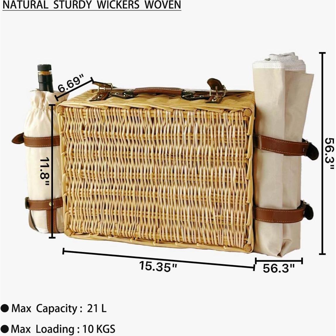 Multifunctional Wicker Picnic Basket Set for 2 Adults with Picnic Table and Blankets,Large Insulated Picnic Set with Wine Pouch and Full Tablewares for Camping Outdoor Couples Natural Beach Wedding