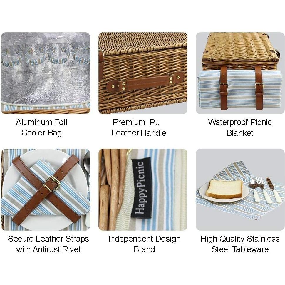 Cesta de Picnic de Mimbre HappyPicnic para 4 Personas con Enfriador