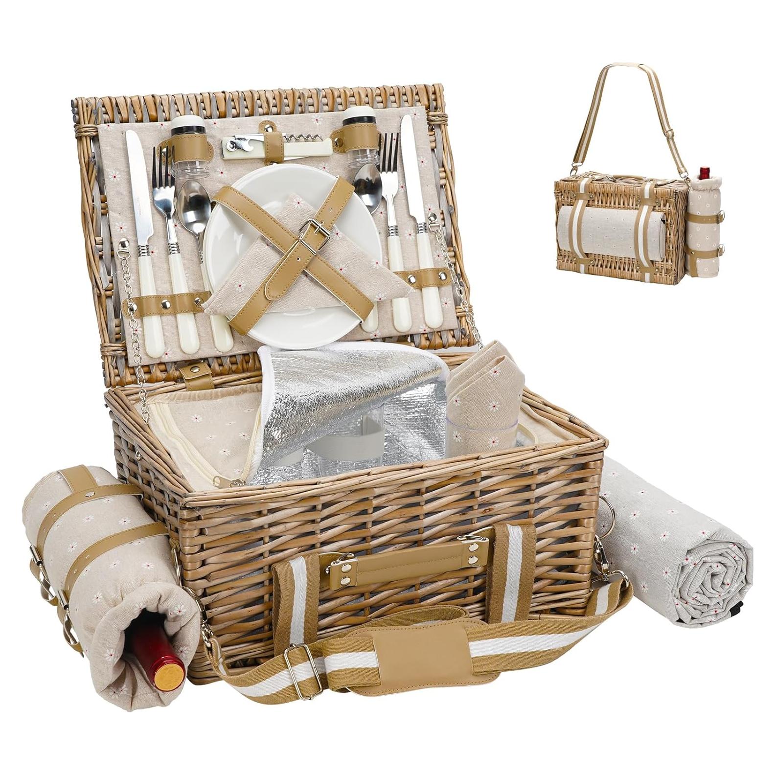 Cesta de Picnic G GOOD GAIN 19 Piezas Mimbre con Manta 38x28cm