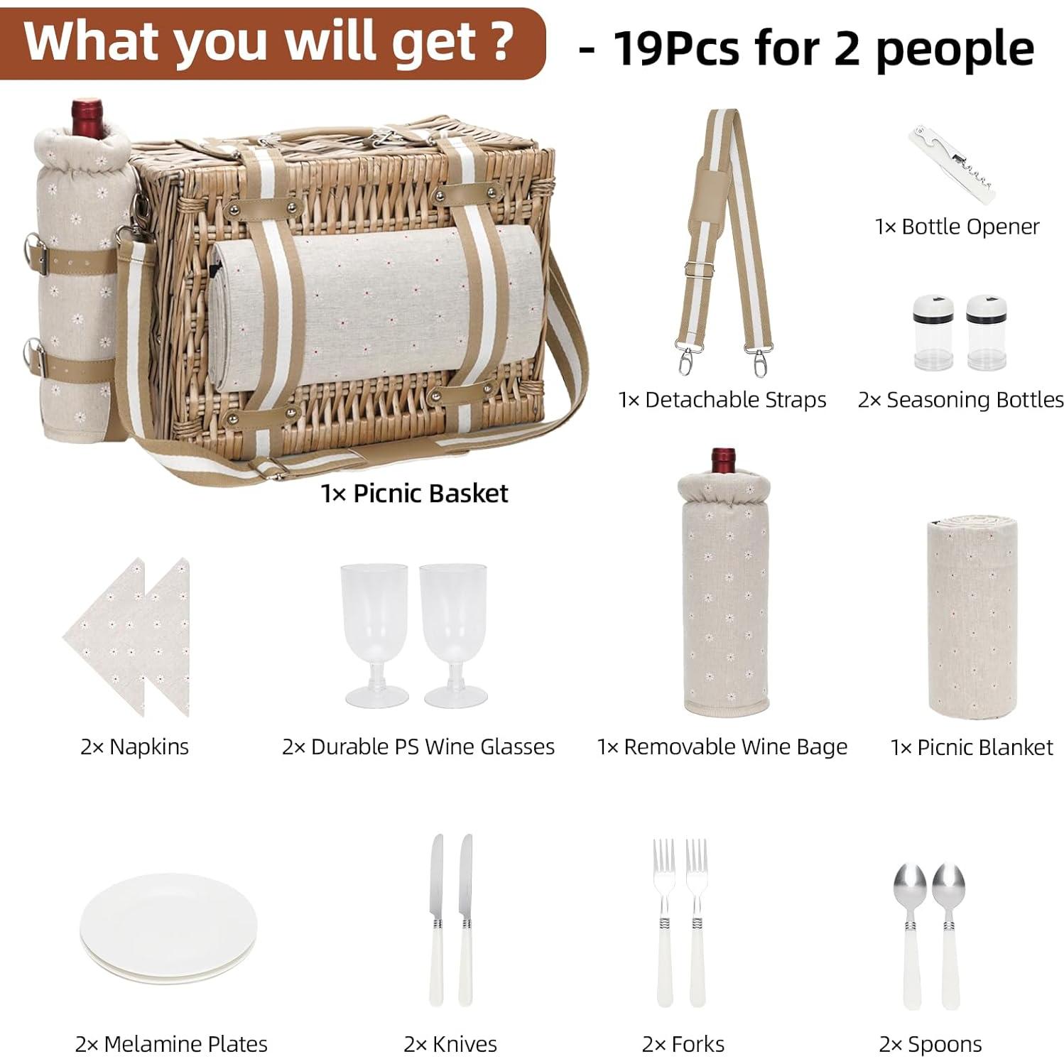 Cesta de Picnic G GOOD GAIN 19 Piezas Mimbre con Manta 38x28cm