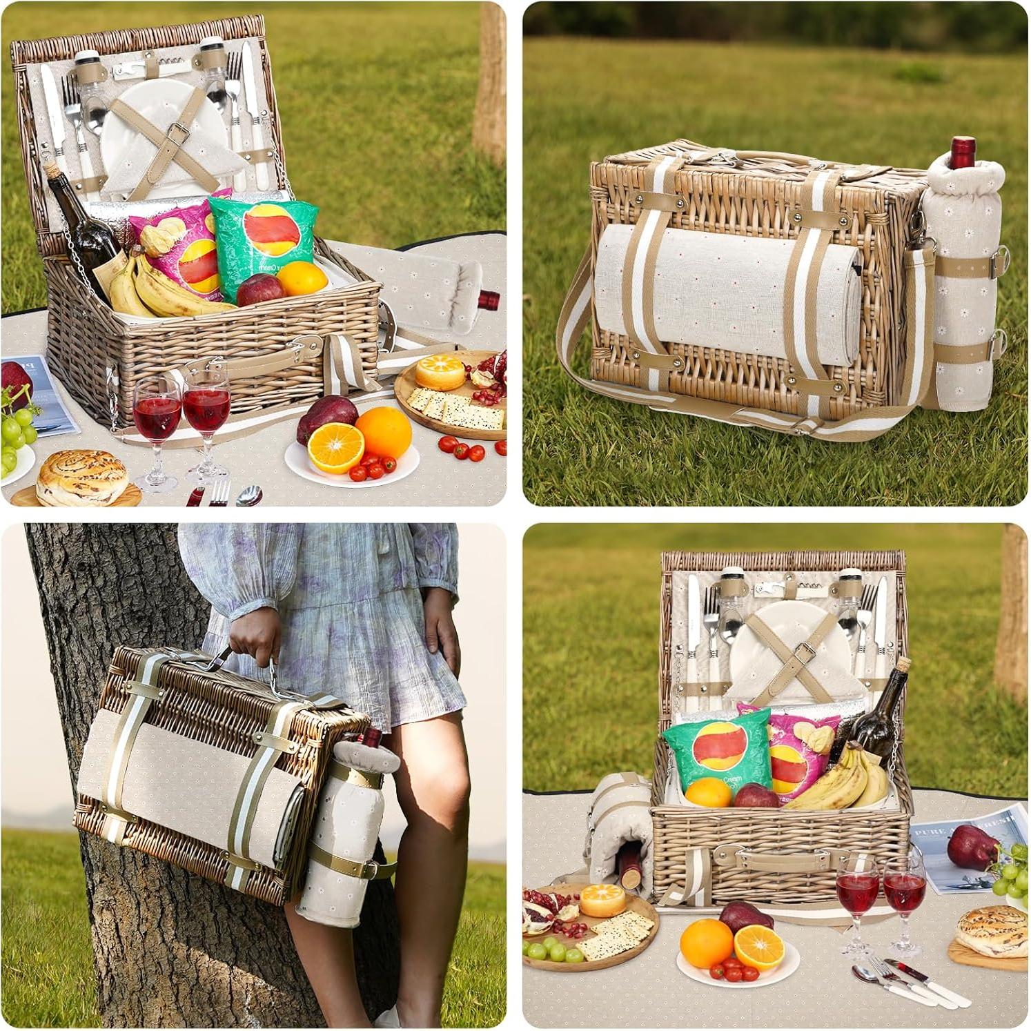 Cesta de Picnic G GOOD GAIN 19 Piezas Mimbre con Manta 38x28cm