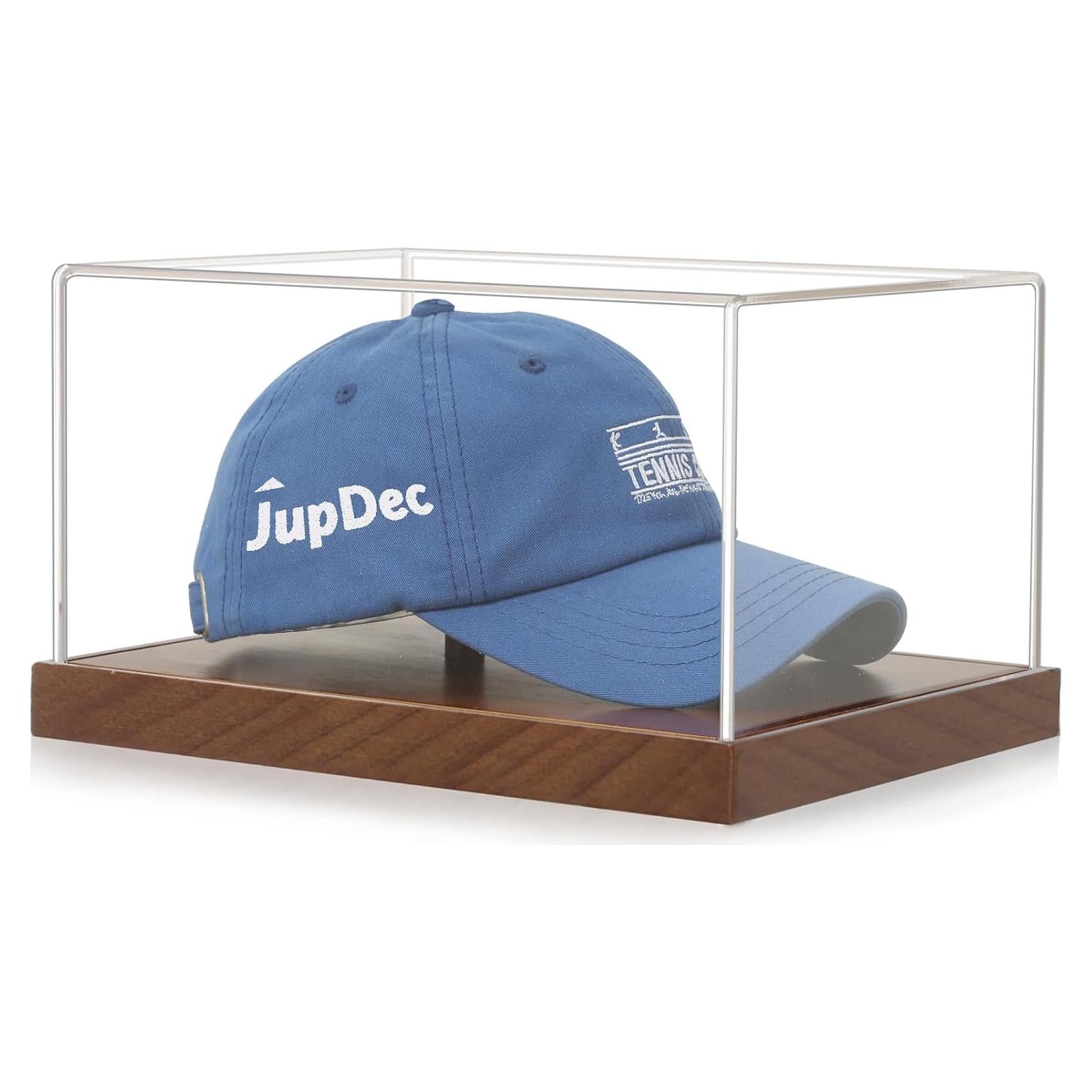 JupDec Hat Display Case, Clear Acrylic Baseball Cap Display Box Stand, UV Protection Signed Hat Transparent Showcase with Solid Wood Base Risers & Hat Shaper, Ideal Gift for Caps Collector