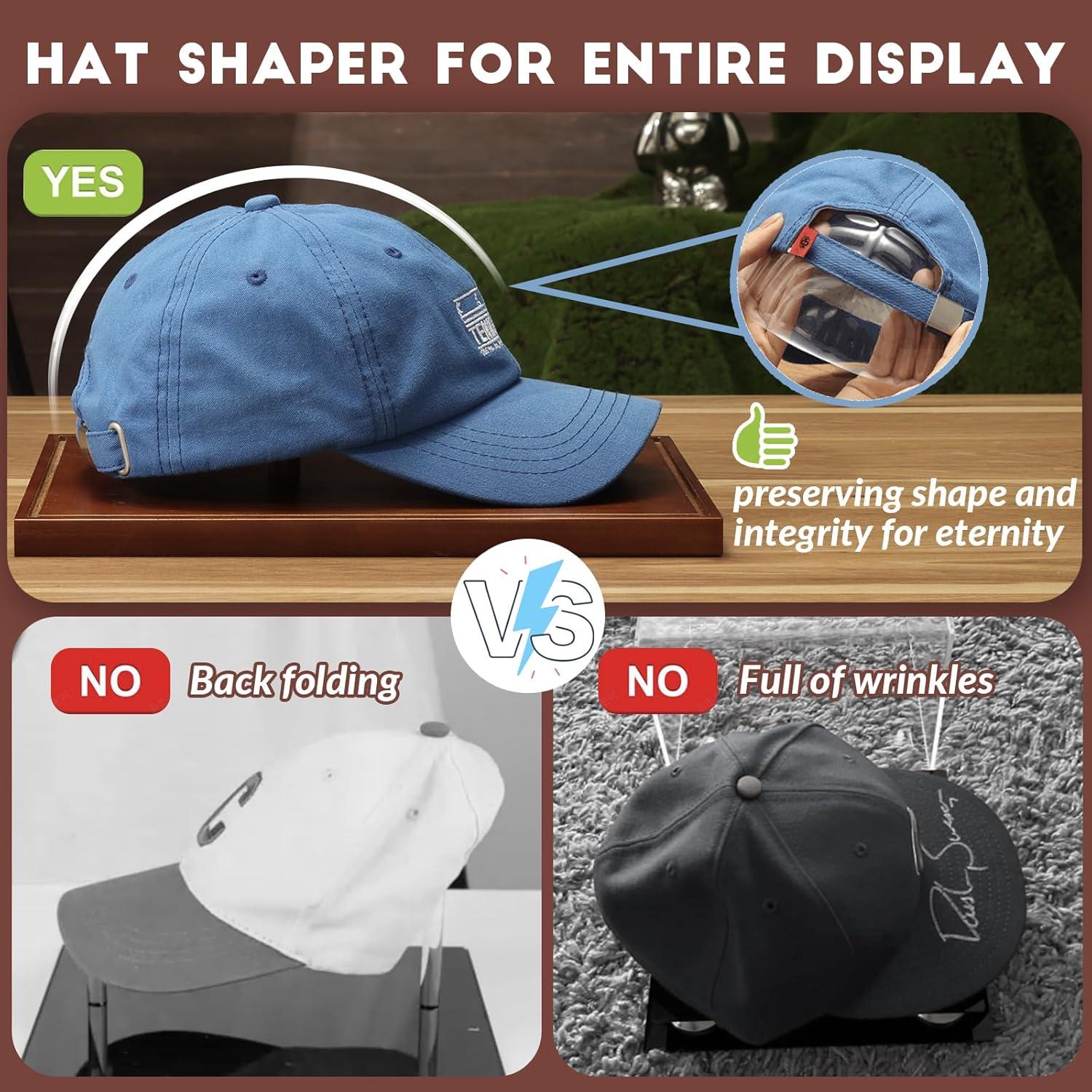 JupDec Hat Display Case, Clear Acrylic Baseball Cap Display Box Stand, UV Protection Signed Hat Transparent Showcase with Solid Wood Base Risers & Hat Shaper, Ideal Gift for Caps Collector