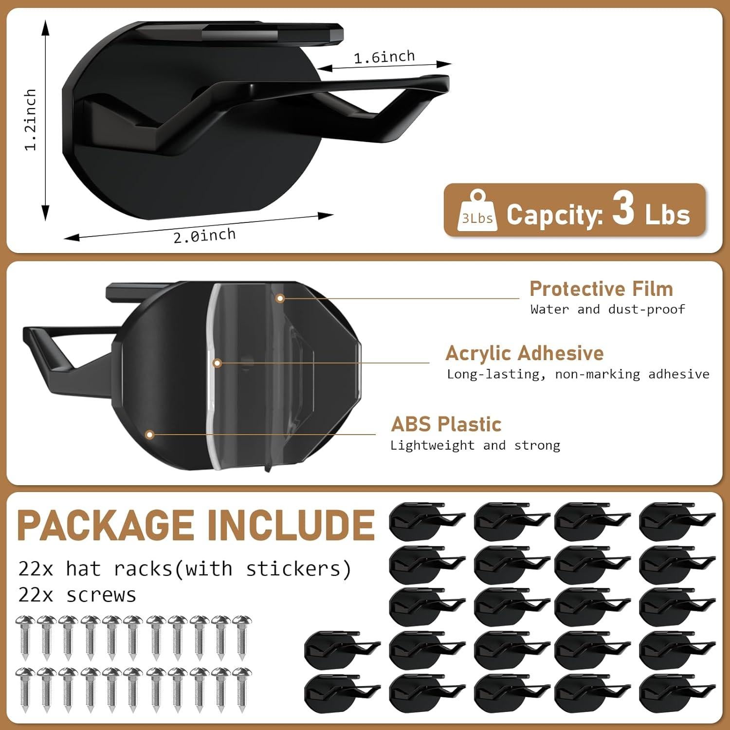 Ganchos Adhesivos para Sombreros Niunuerga 22 Pack Negro
