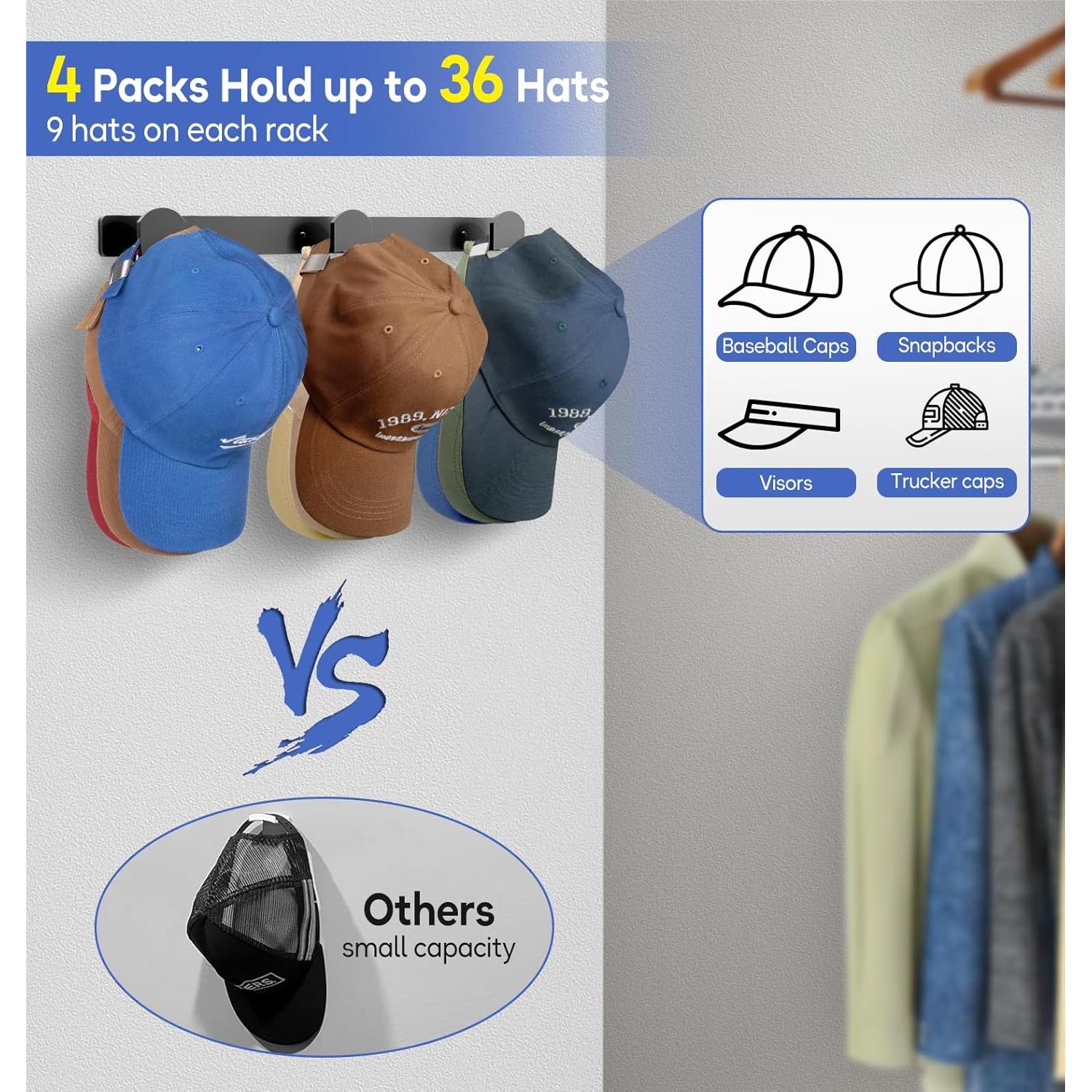 Soporte para Sombreros KIMBORA 4 Piezas Negro, Organizador de Gorras