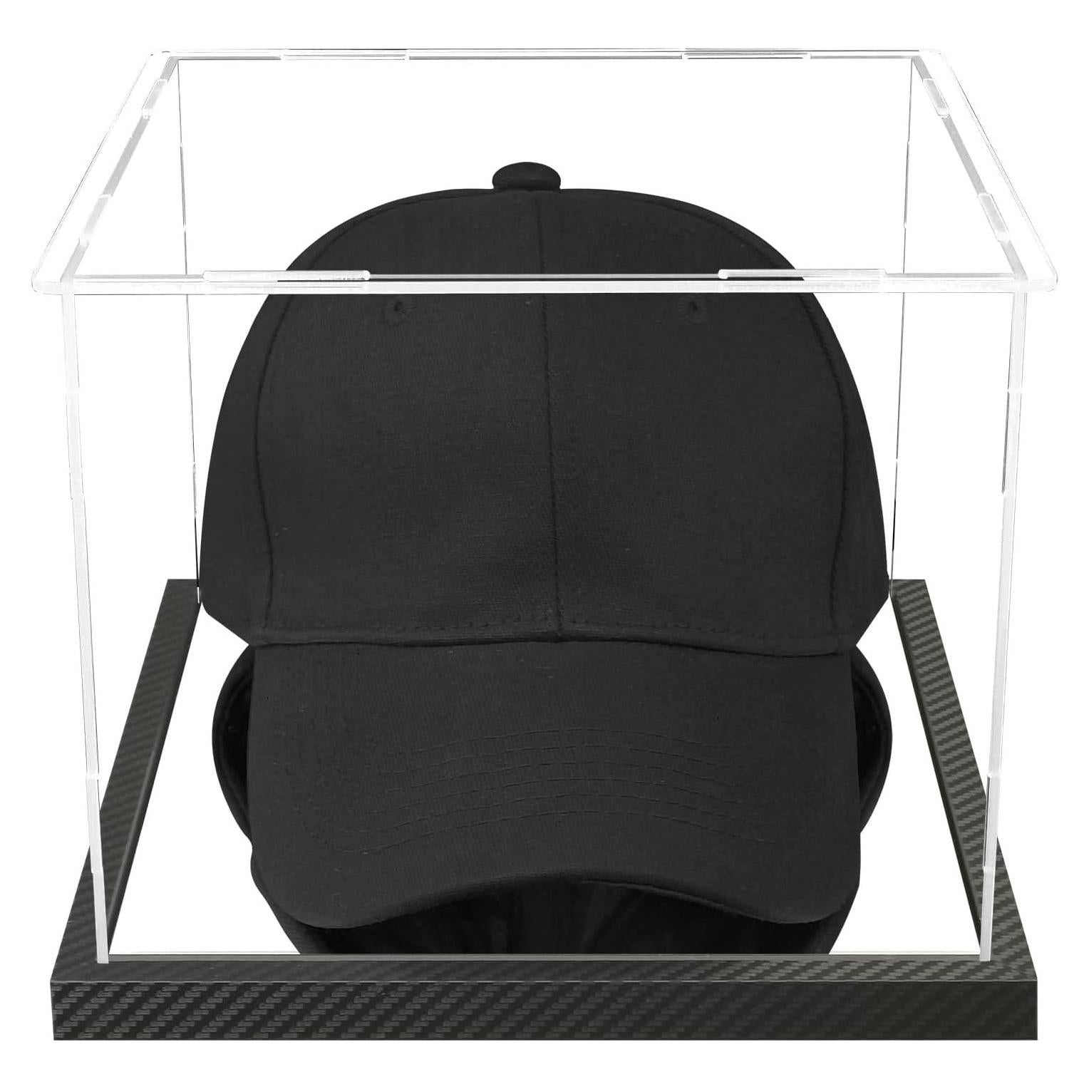 Clear Hat Display Case Acrylic Baseball Cap Holder Stand Transparent Hat Storage Box Dustproof Square UV Protection Cabinet with Carbon Fiber Skin Base and Removable Mirror Base