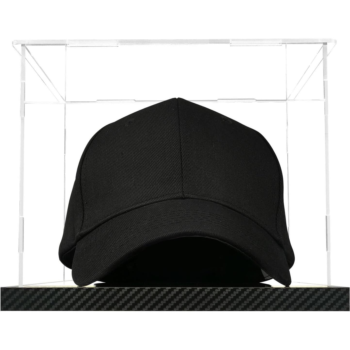 Clear Hat Display Case Acrylic Baseball Cap Holder Stand Transparent Hat Storage Box Dustproof Square UV Protection Cabinet with Carbon Fiber Skin Base and Removable Mirror Base