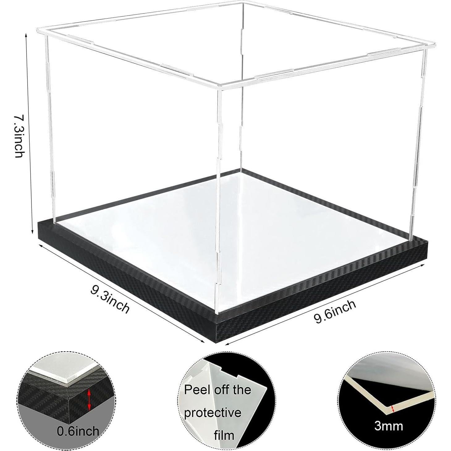 Clear Hat Display Case Acrylic Baseball Cap Holder Stand Transparent Hat Storage Box Dustproof Square UV Protection Cabinet with Carbon Fiber Skin Base and Removable Mirror Base