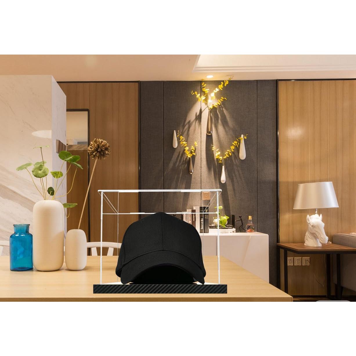 Clear Hat Display Case Acrylic Baseball Cap Holder Stand Transparent Hat Storage Box Dustproof Square UV Protection Cabinet with Carbon Fiber Skin Base and Removable Mirror Base