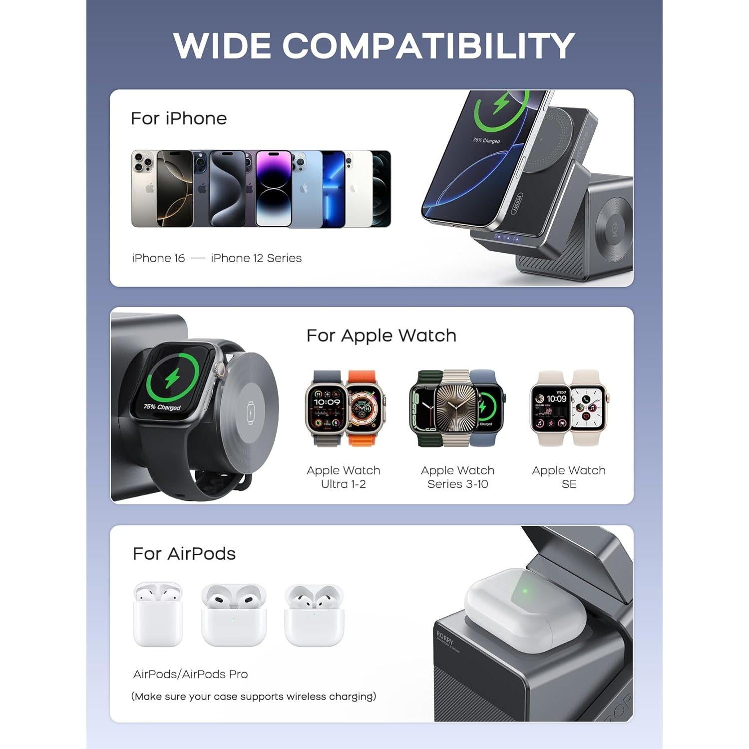 Estación de Carga 3 en 1 RORRY con Batería 10,000mAh - Gris