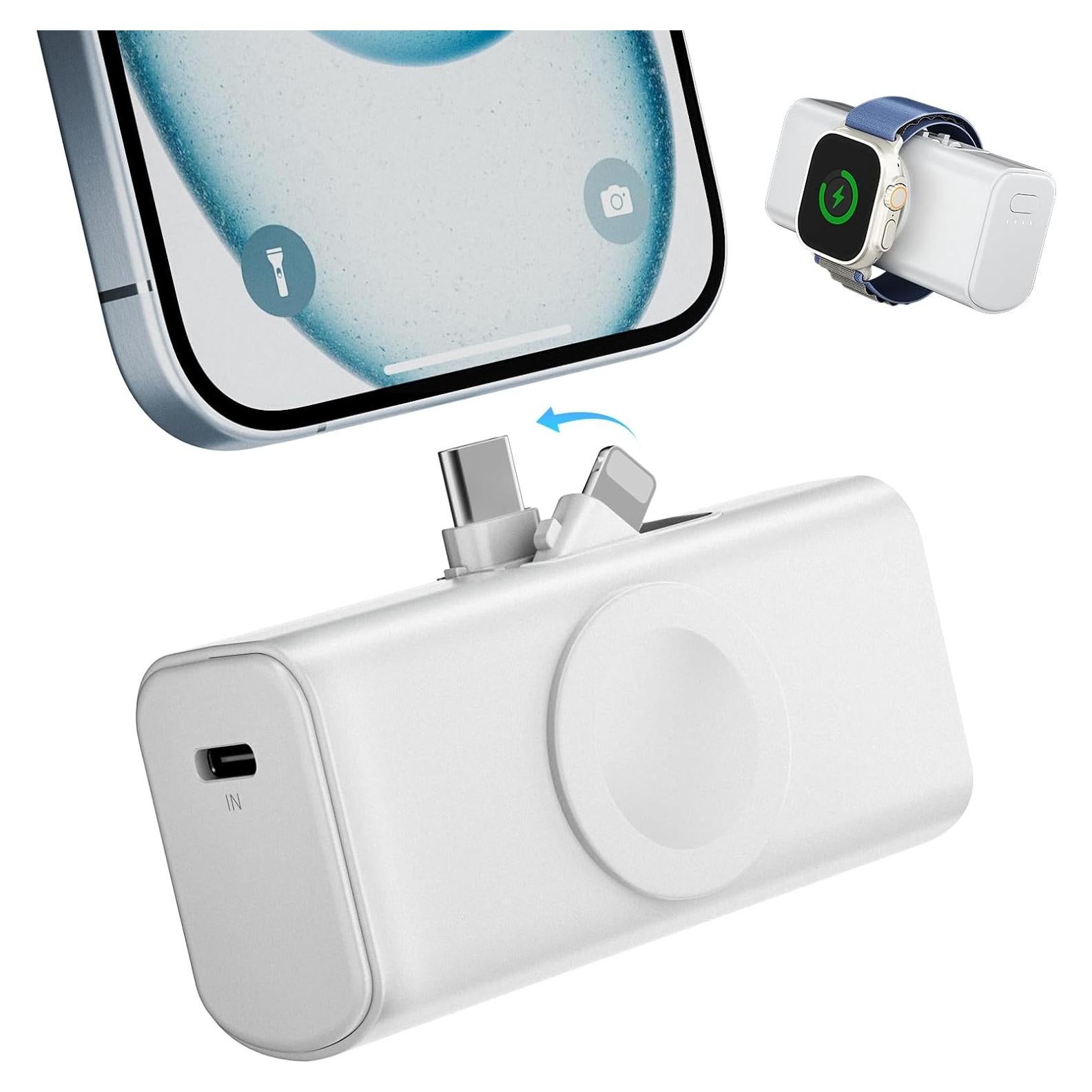 Mini Portable Charger 5000mAh, Magnetic Small Power Bank for Apple Watch, Fast Charging Battery Pack with Built in Foldable USB Connectors for iPhone 16 Pro Max/15/14/13 Mini/AirPods (White)