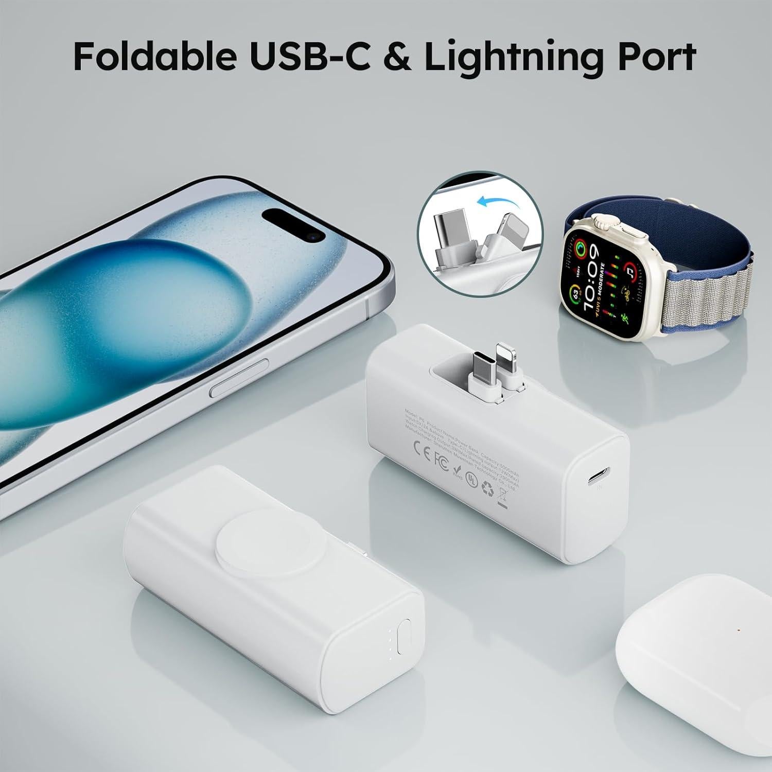 Mini Portable Charger 5000mAh, Magnetic Small Power Bank for Apple Watch, Fast Charging Battery Pack with Built in Foldable USB Connectors for iPhone 16 Pro Max/15/14/13 Mini/AirPods (White)