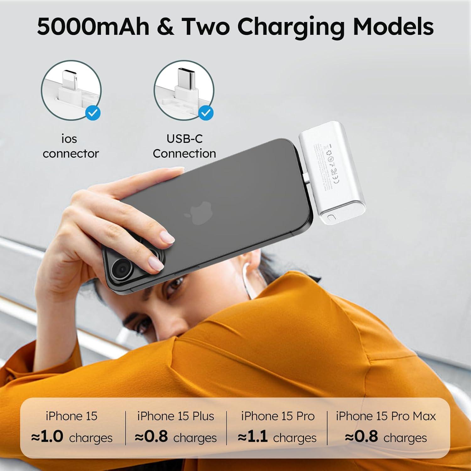 Mini Portable Charger 5000mAh, Magnetic Small Power Bank for Apple Watch, Fast Charging Battery Pack with Built in Foldable USB Connectors for iPhone 16 Pro Max/15/14/13 Mini/AirPods (White)