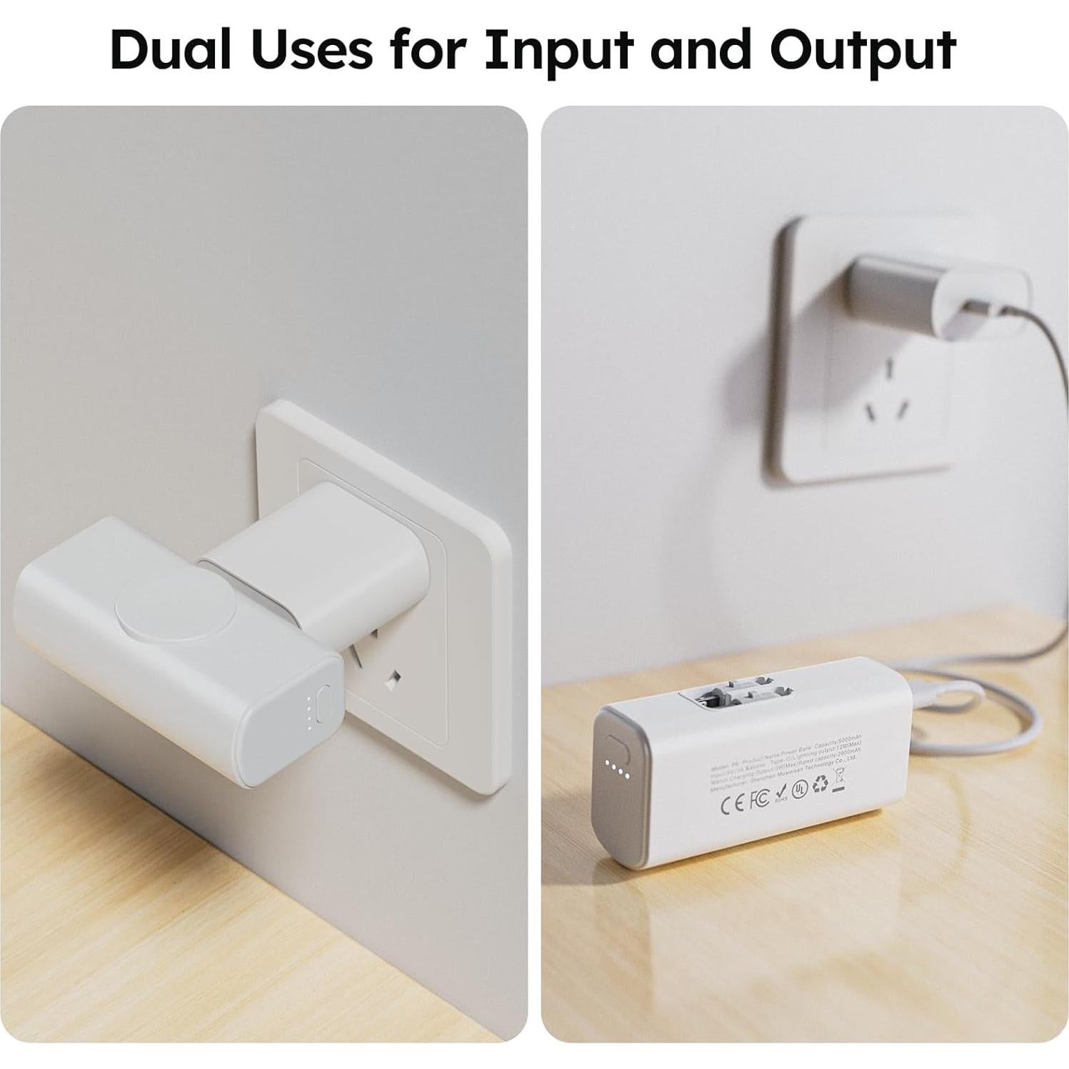 Mini Portable Charger 5000mAh, Magnetic Small Power Bank for Apple Watch, Fast Charging Battery Pack with Built in Foldable USB Connectors for iPhone 16 Pro Max/15/14/13 Mini/AirPods (White)