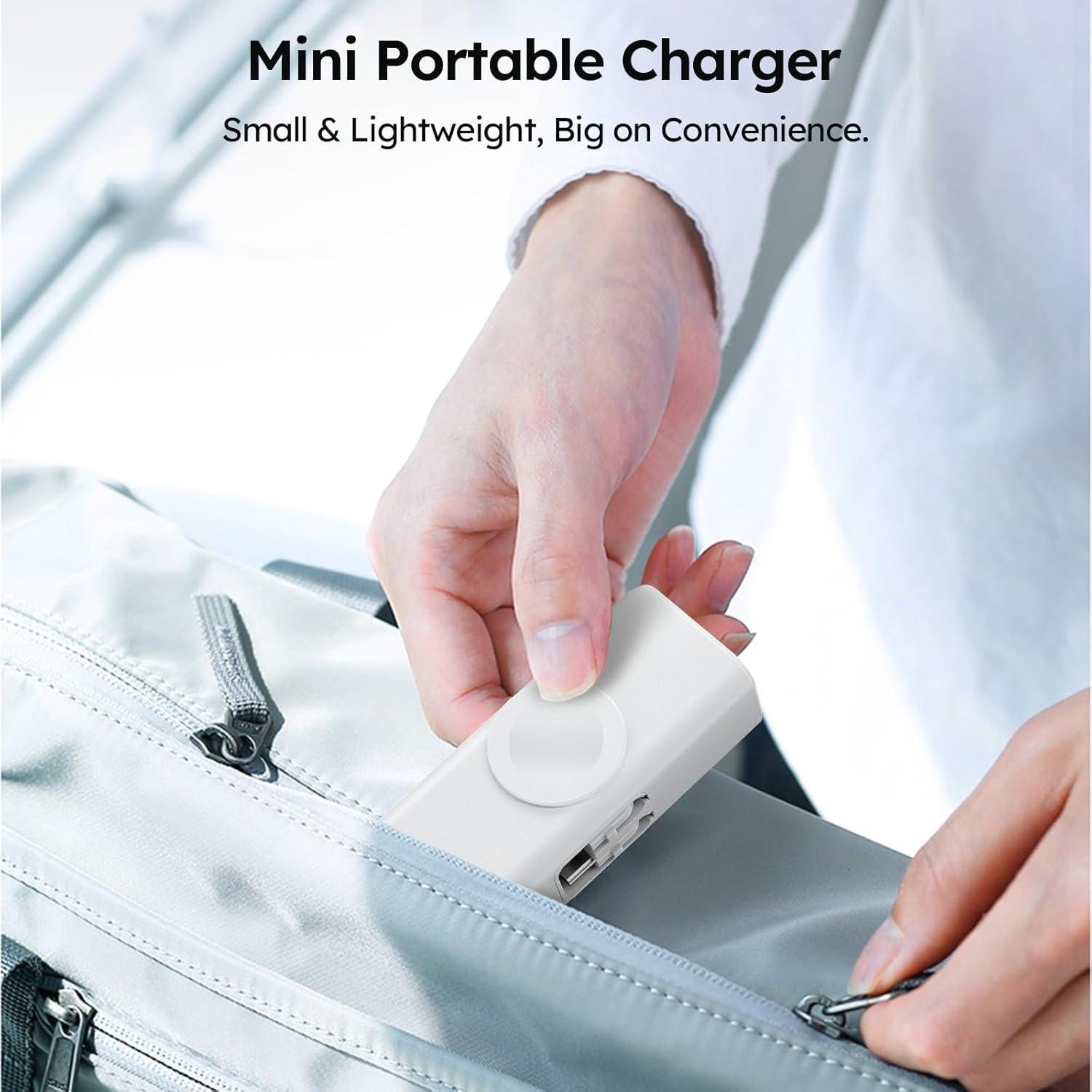 Mini Portable Charger 5000mAh, Magnetic Small Power Bank for Apple Watch, Fast Charging Battery Pack with Built in Foldable USB Connectors for iPhone 16 Pro Max/15/14/13 Mini/AirPods (White)