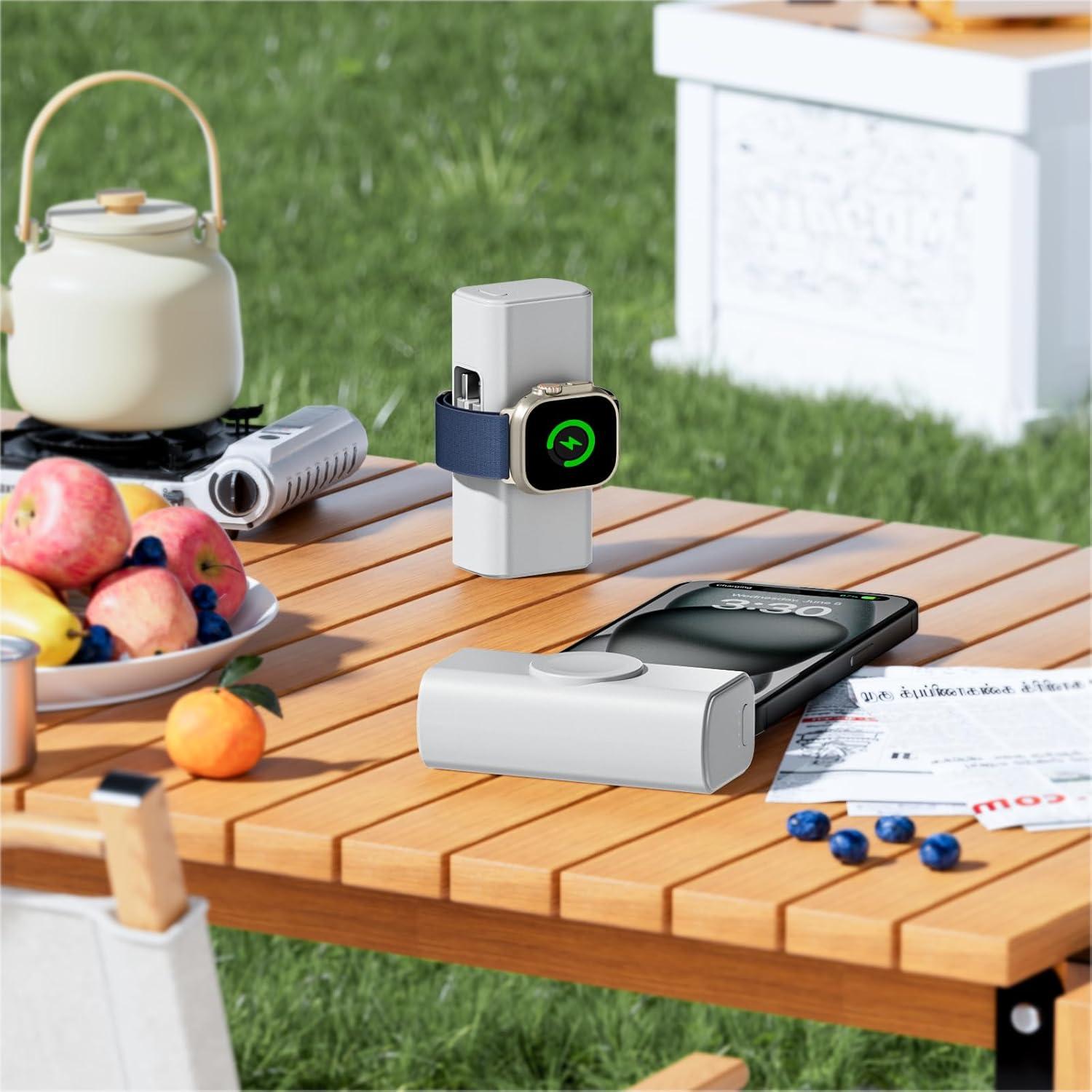 Mini Portable Charger 5000mAh, Magnetic Small Power Bank for Apple Watch, Fast Charging Battery Pack with Built in Foldable USB Connectors for iPhone 16 Pro Max/15/14/13 Mini/AirPods (White)