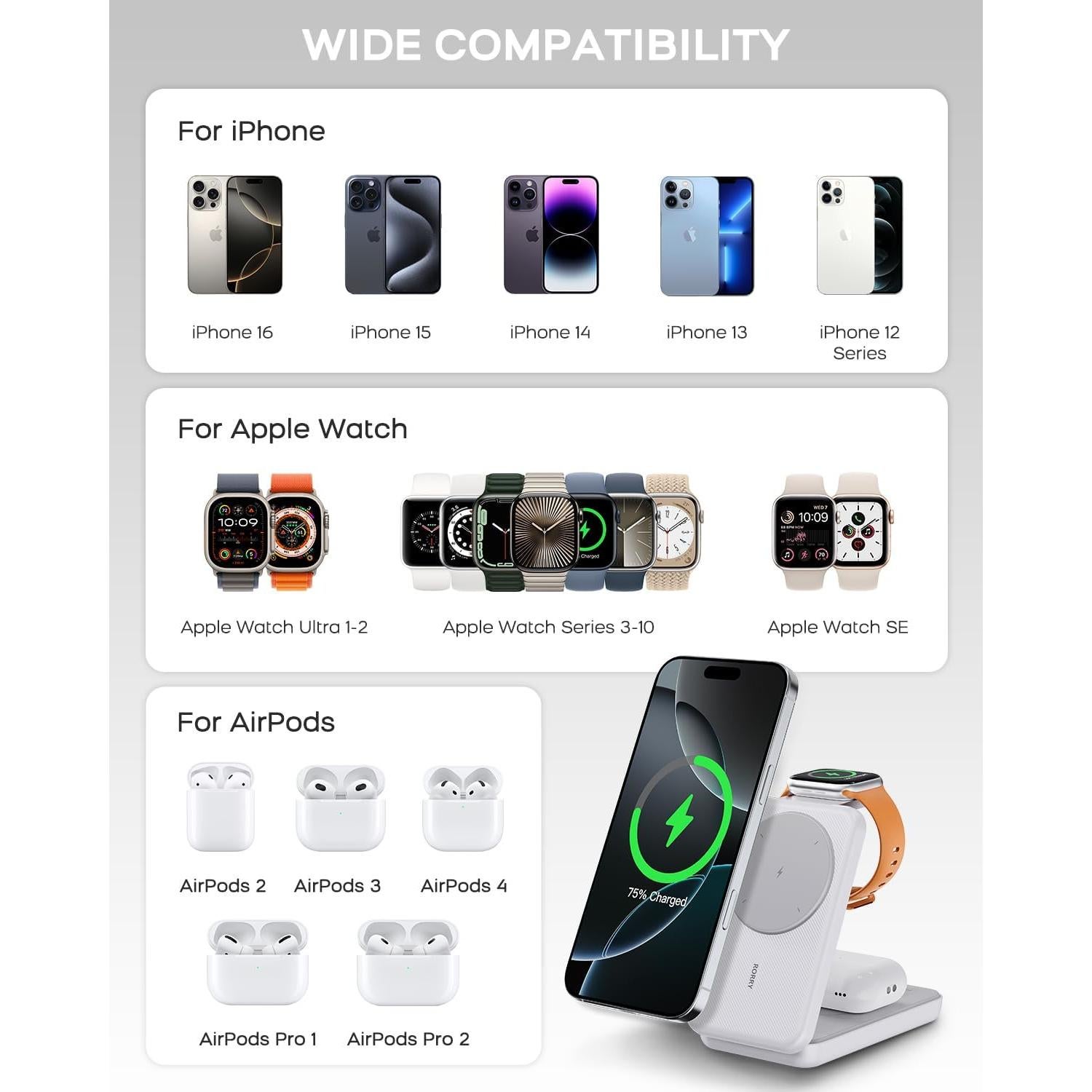 Cargador Portátil RORRY 10000mAh 3 en 1 para Apple Watch/iPhone