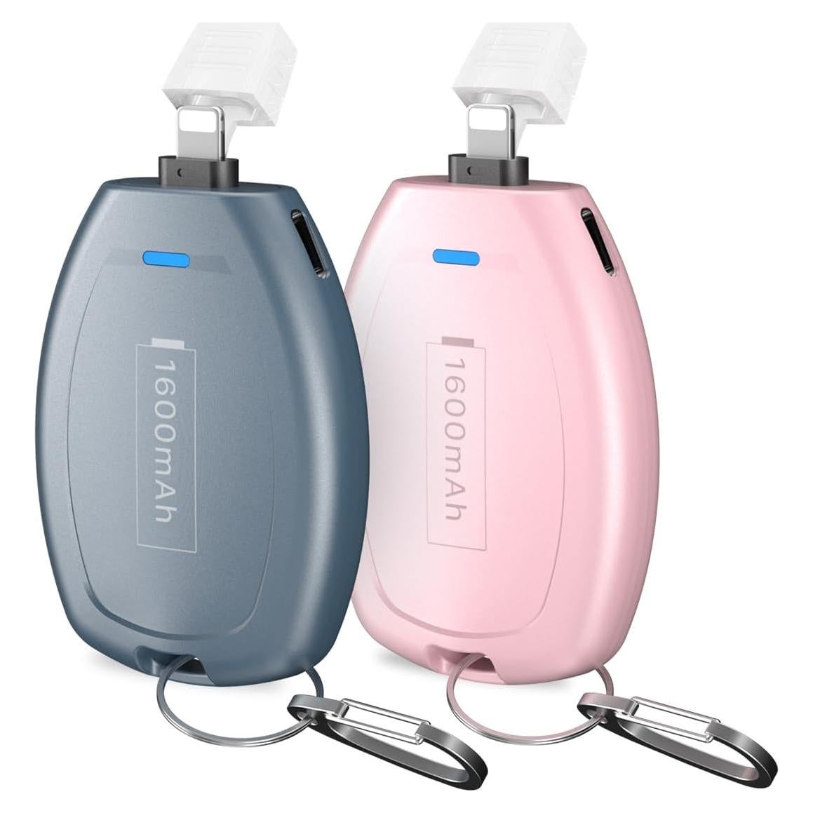2-Pack Keychain Portable Charger for iPhone, 1600mAh Mini Power Emergency Pod Ultra-Compact External Power Bank Battery Pack, Key Ring Cell Phone Charger for iPhone 8 11 12 14 Airpods-Blue&Pink