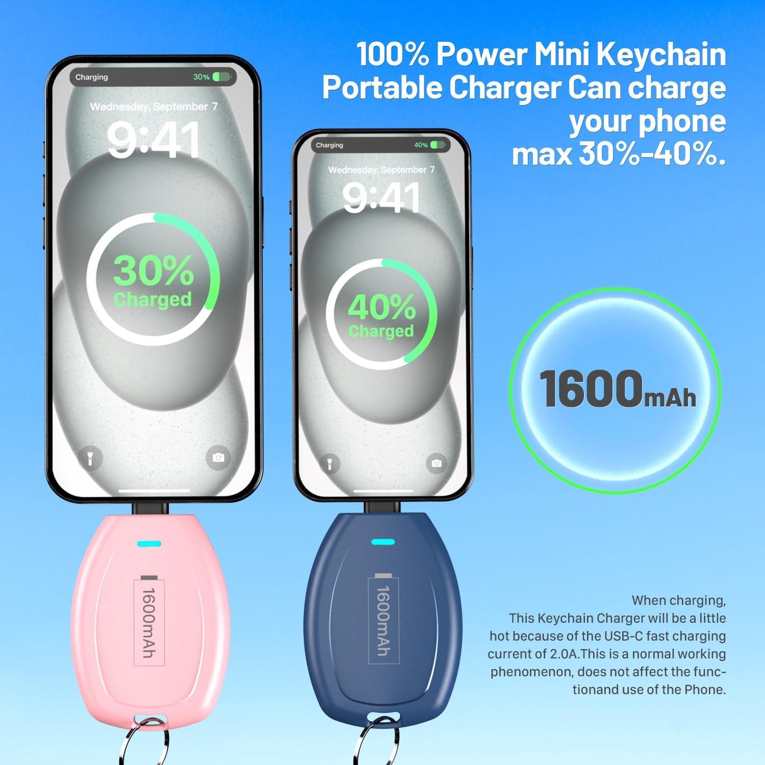 2-Pack Keychain Portable Charger for iPhone, 1600mAh Mini Power Emergency Pod Ultra-Compact External Power Bank Battery Pack, Key Ring Cell Phone Charger for iPhone 8 11 12 14 Airpods-Blue&Pink