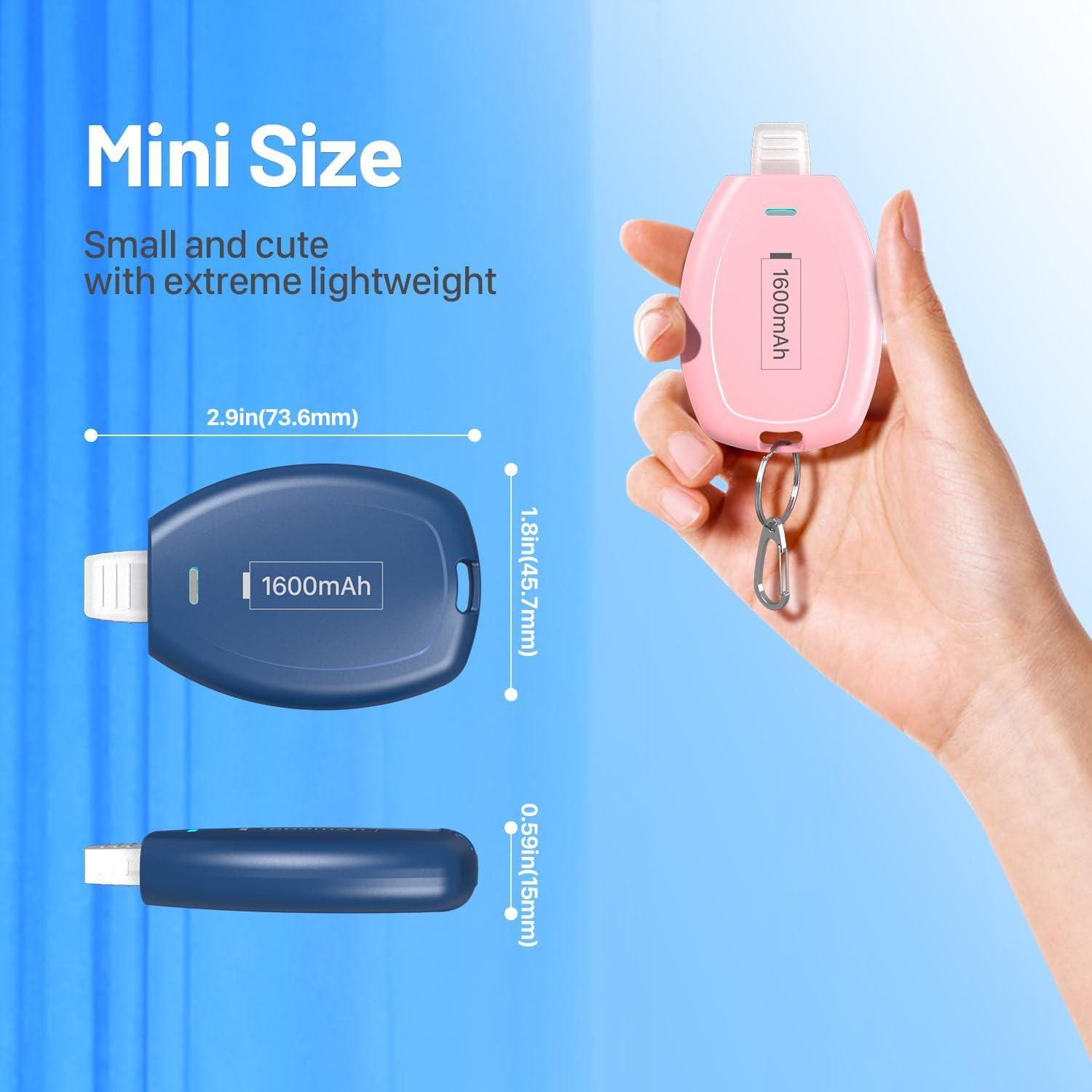 2-Pack Keychain Portable Charger for iPhone, 1600mAh Mini Power Emergency Pod Ultra-Compact External Power Bank Battery Pack, Key Ring Cell Phone Charger for iPhone 8 11 12 14 Airpods-Blue&Pink