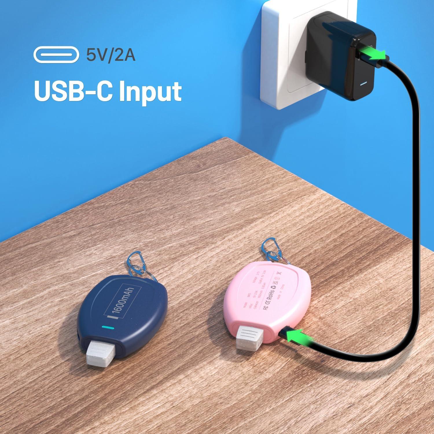 2-Pack Keychain Portable Charger for iPhone, 1600mAh Mini Power Emergency Pod Ultra-Compact External Power Bank Battery Pack, Key Ring Cell Phone Charger for iPhone 8 11 12 14 Airpods-Blue&Pink