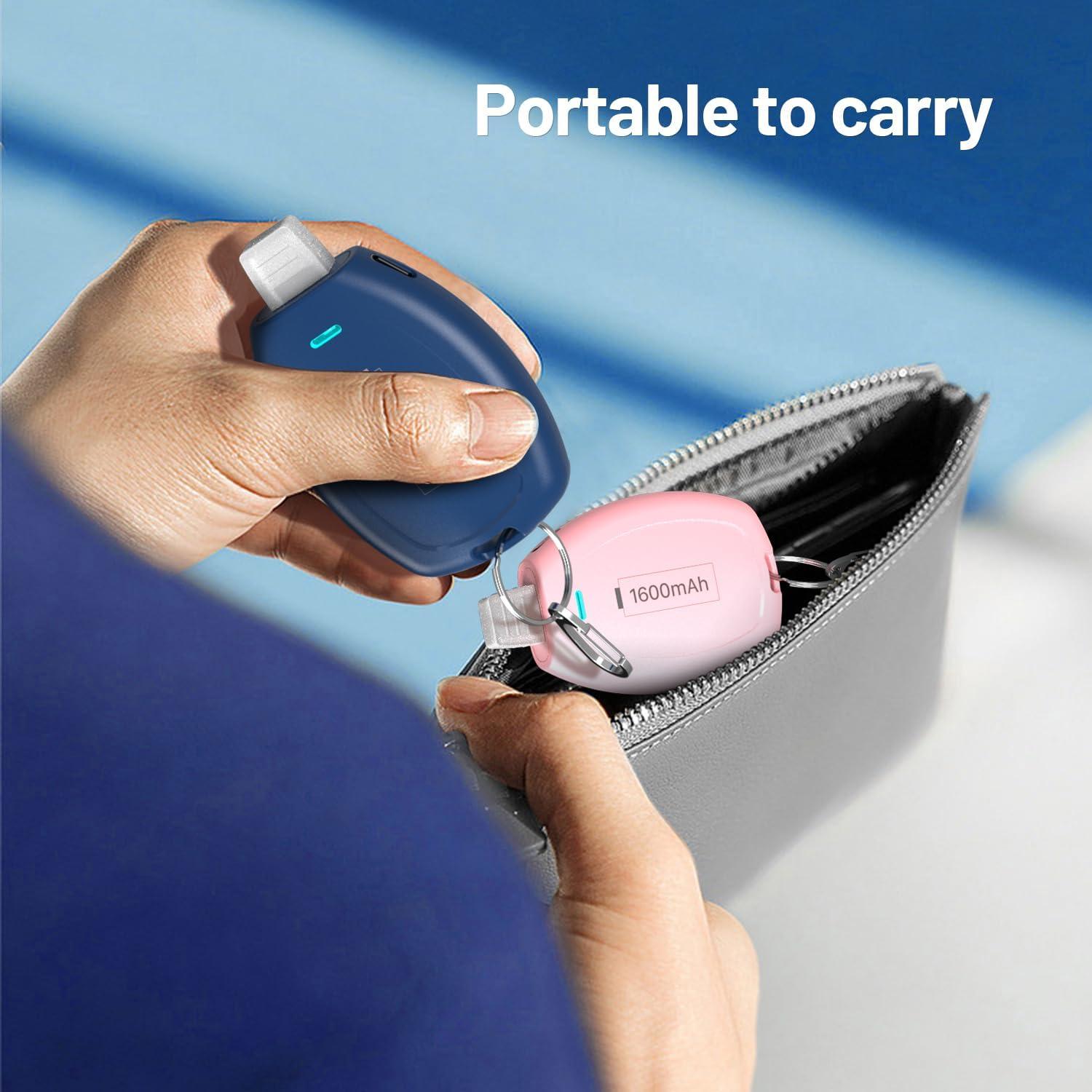 2-Pack Keychain Portable Charger for iPhone, 1600mAh Mini Power Emergency Pod Ultra-Compact External Power Bank Battery Pack, Key Ring Cell Phone Charger for iPhone 8 11 12 14 Airpods-Blue&Pink