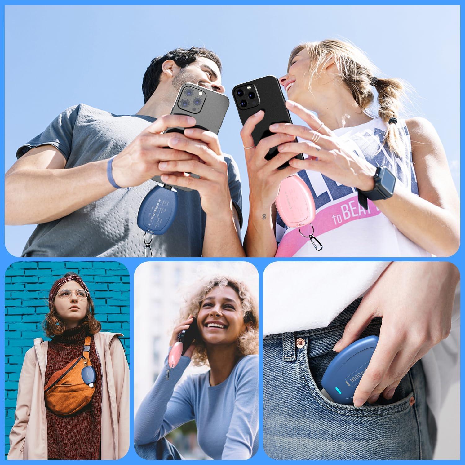 2-Pack Keychain Portable Charger for iPhone, 1600mAh Mini Power Emergency Pod Ultra-Compact External Power Bank Battery Pack, Key Ring Cell Phone Charger for iPhone 8 11 12 14 Airpods-Blue&Pink