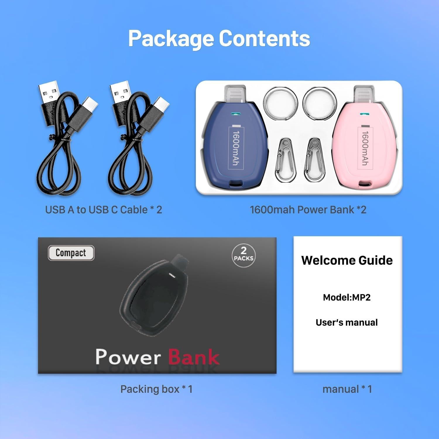 2-Pack Keychain Portable Charger for iPhone, 1600mAh Mini Power Emergency Pod Ultra-Compact External Power Bank Battery Pack, Key Ring Cell Phone Charger for iPhone 8 11 12 14 Airpods-Blue&Pink