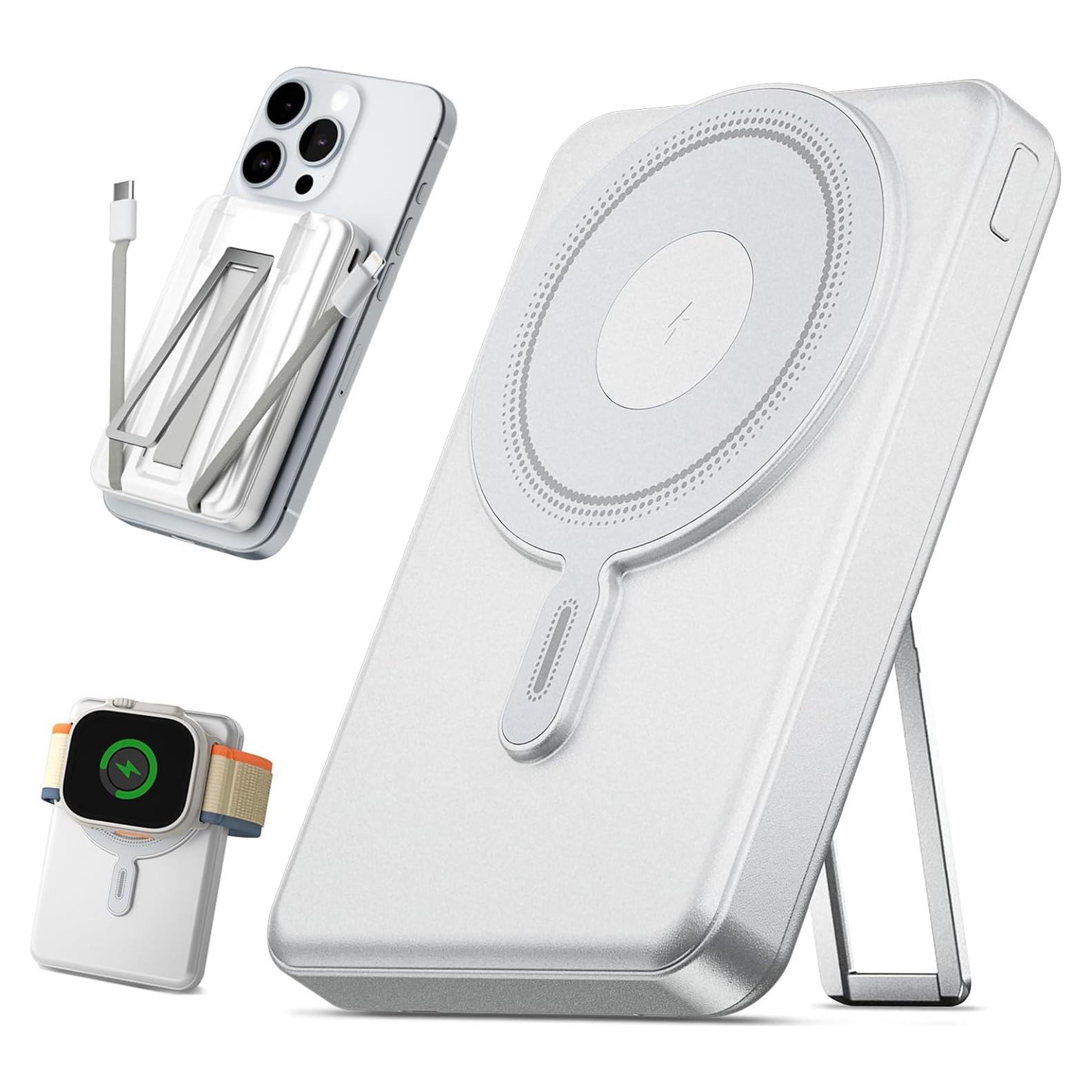 for Magsafe Battery Pack 10000mAh, Magnetic Wireless Portable Charger for Apple Watch, 5 in 1 Fast Charging Power Bank with Stand and Cables for iPhone 16 Pro Max/15/14/13/12 Mini(White)