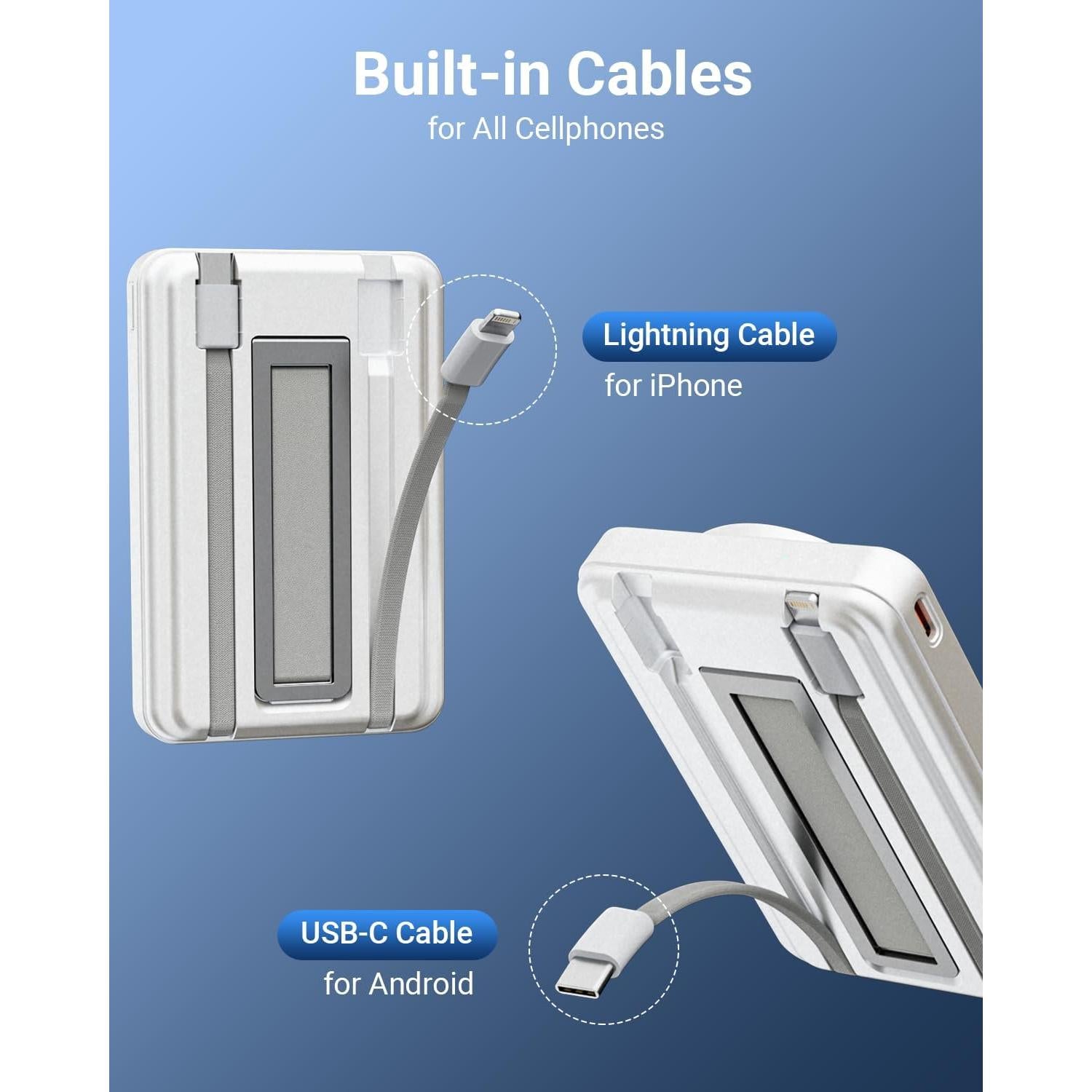 for Magsafe Battery Pack 10000mAh, Magnetic Wireless Portable Charger for Apple Watch, 5 in 1 Fast Charging Power Bank with Stand and Cables for iPhone 16 Pro Max/15/14/13/12 Mini(White)