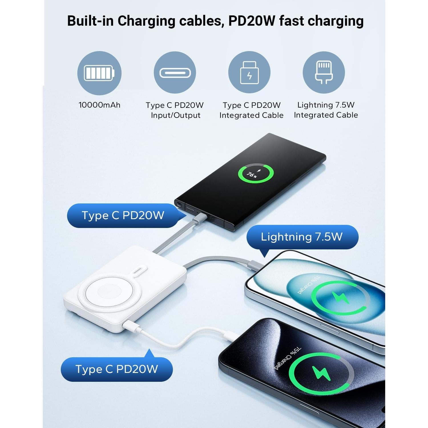 for Magsafe Battery Pack 10000mAh, Magnetic Wireless Portable Charger for Apple Watch, 5 in 1 Fast Charging Power Bank with Stand and Cables for iPhone 16 Pro Max/15/14/13/12 Mini(White)