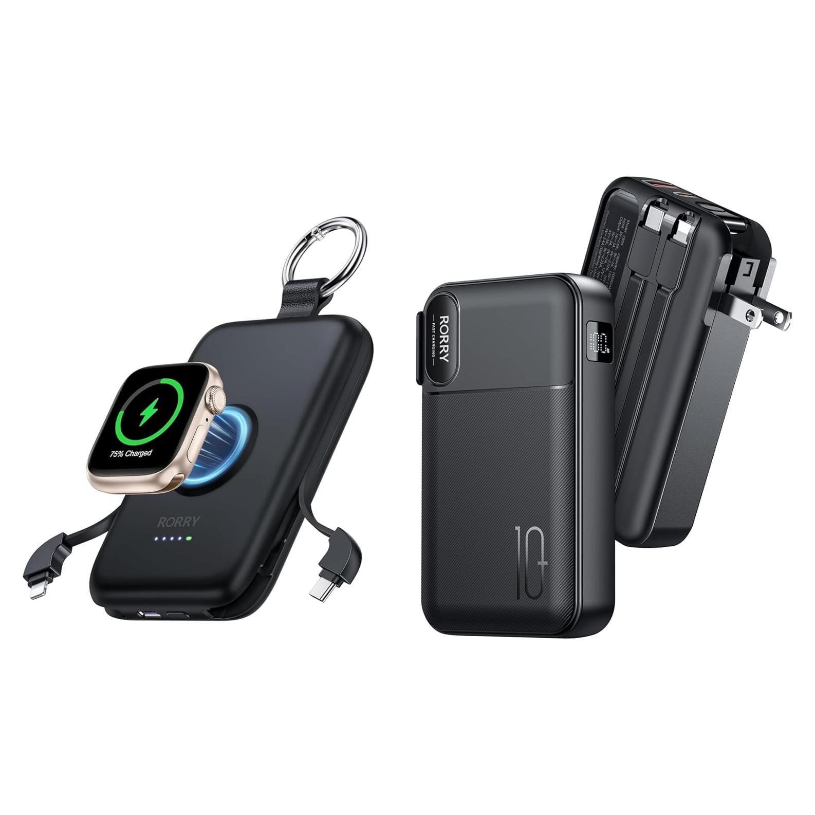 RORRY Portable Charger, 10000mAh PD 20W Fast Charging Portable Charger Power Bank with Built in Cables/Portable Charger Built in Cables, AC Wall Plug in Portable Charger Power Bank 10000mAh