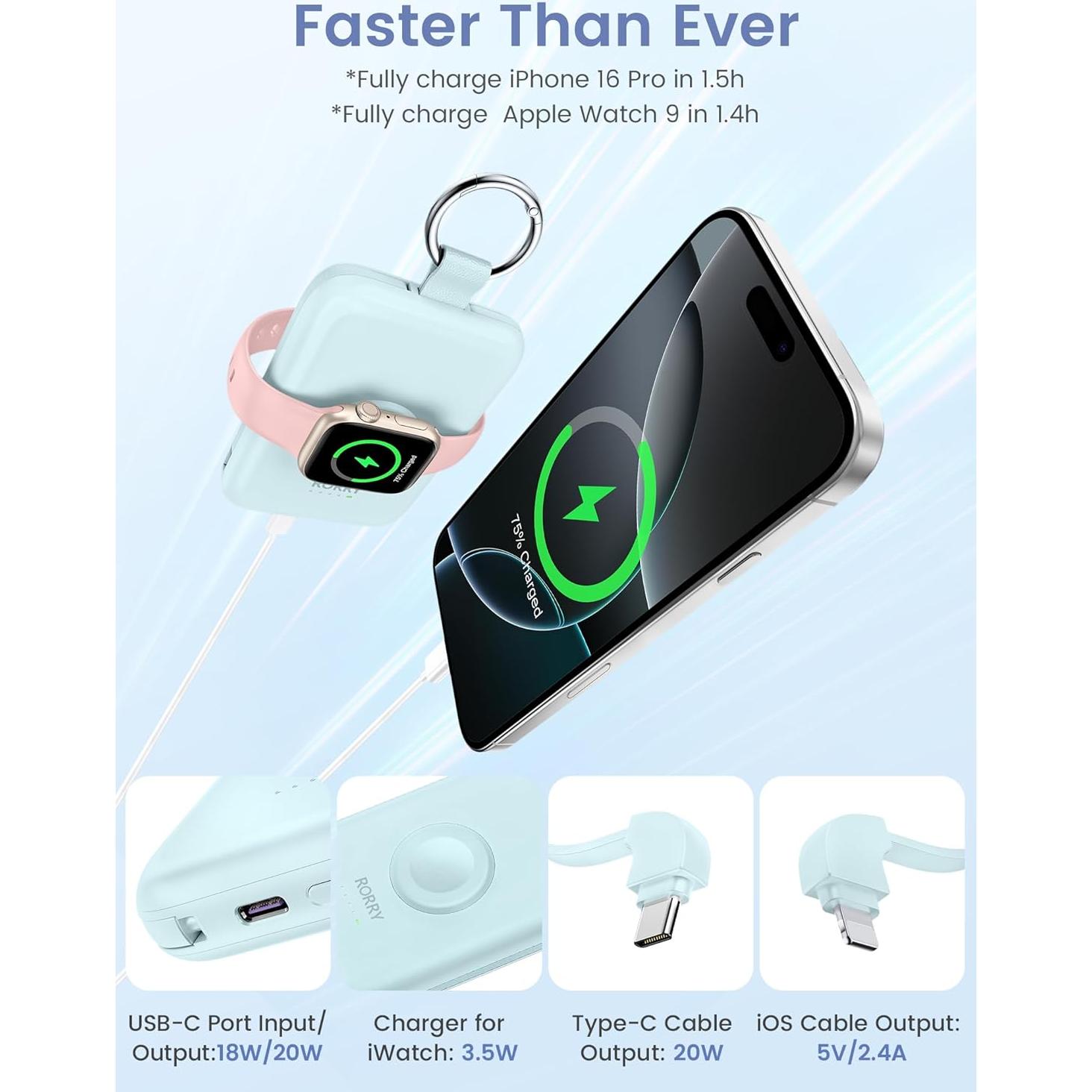 RORRY Portable Charger, 10000mAh PD 20W Fast Charging Portable Charger Power Bank with Built in Cables/Portable Charger Built in Cables, AC Wall Plug in Portable Charger Power Bank 10000mAh