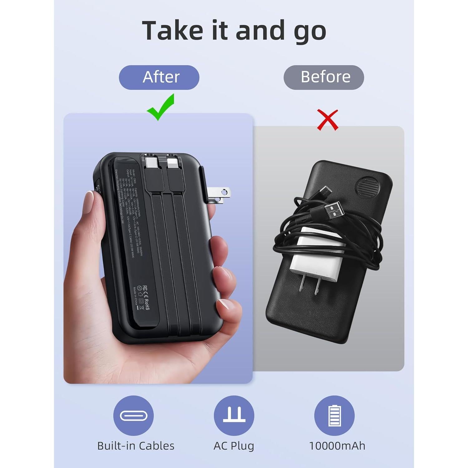 RORRY Portable Charger, 10000mAh PD 20W Fast Charging Portable Charger Power Bank with Built in Cables/Portable Charger Built in Cables, AC Wall Plug in Portable Charger Power Bank 10000mAh