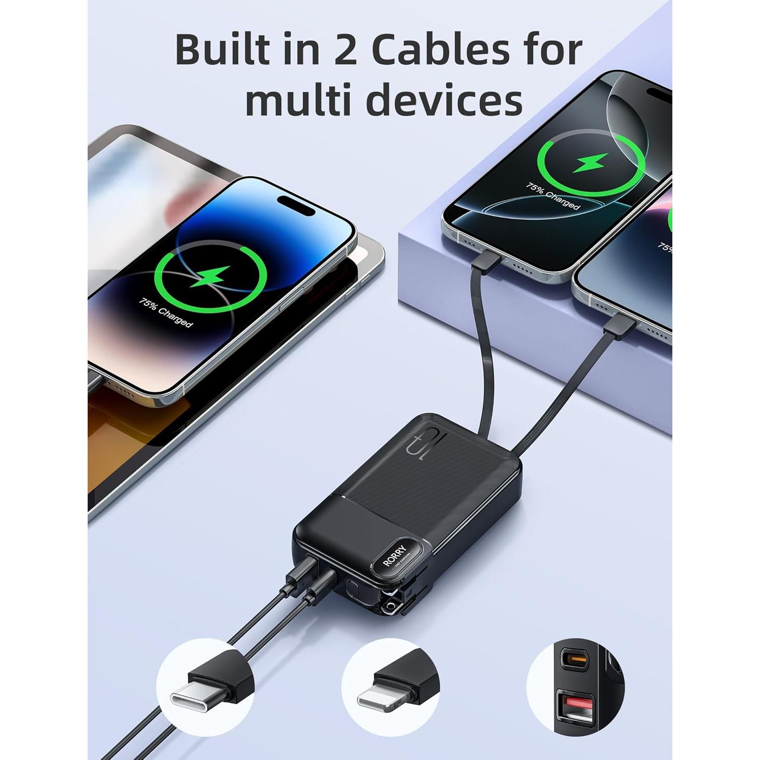RORRY Portable Charger, 10000mAh PD 20W Fast Charging Portable Charger Power Bank with Built in Cables/Portable Charger Built in Cables, AC Wall Plug in Portable Charger Power Bank 10000mAh