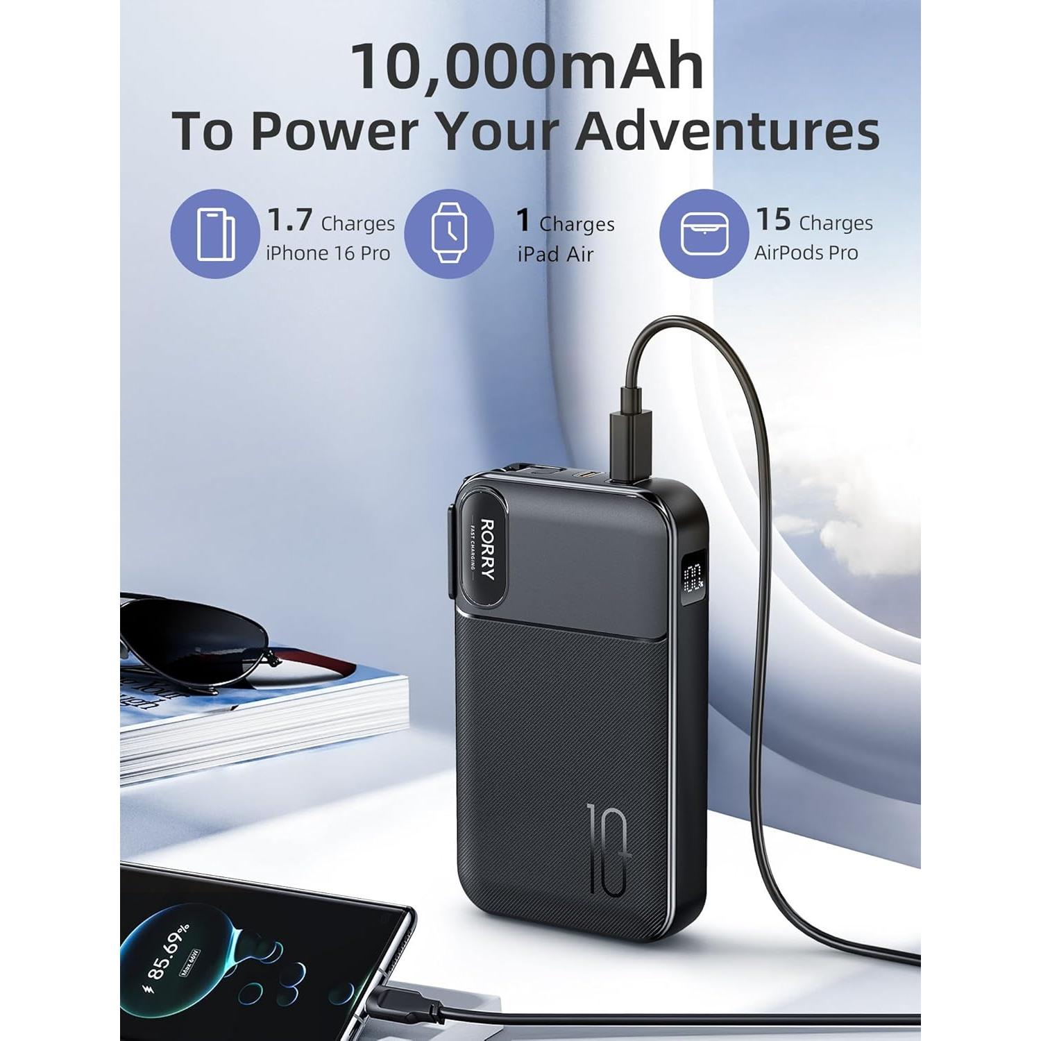 RORRY Portable Charger, 10000mAh PD 20W Fast Charging Portable Charger Power Bank with Built in Cables/Portable Charger Built in Cables, AC Wall Plug in Portable Charger Power Bank 10000mAh