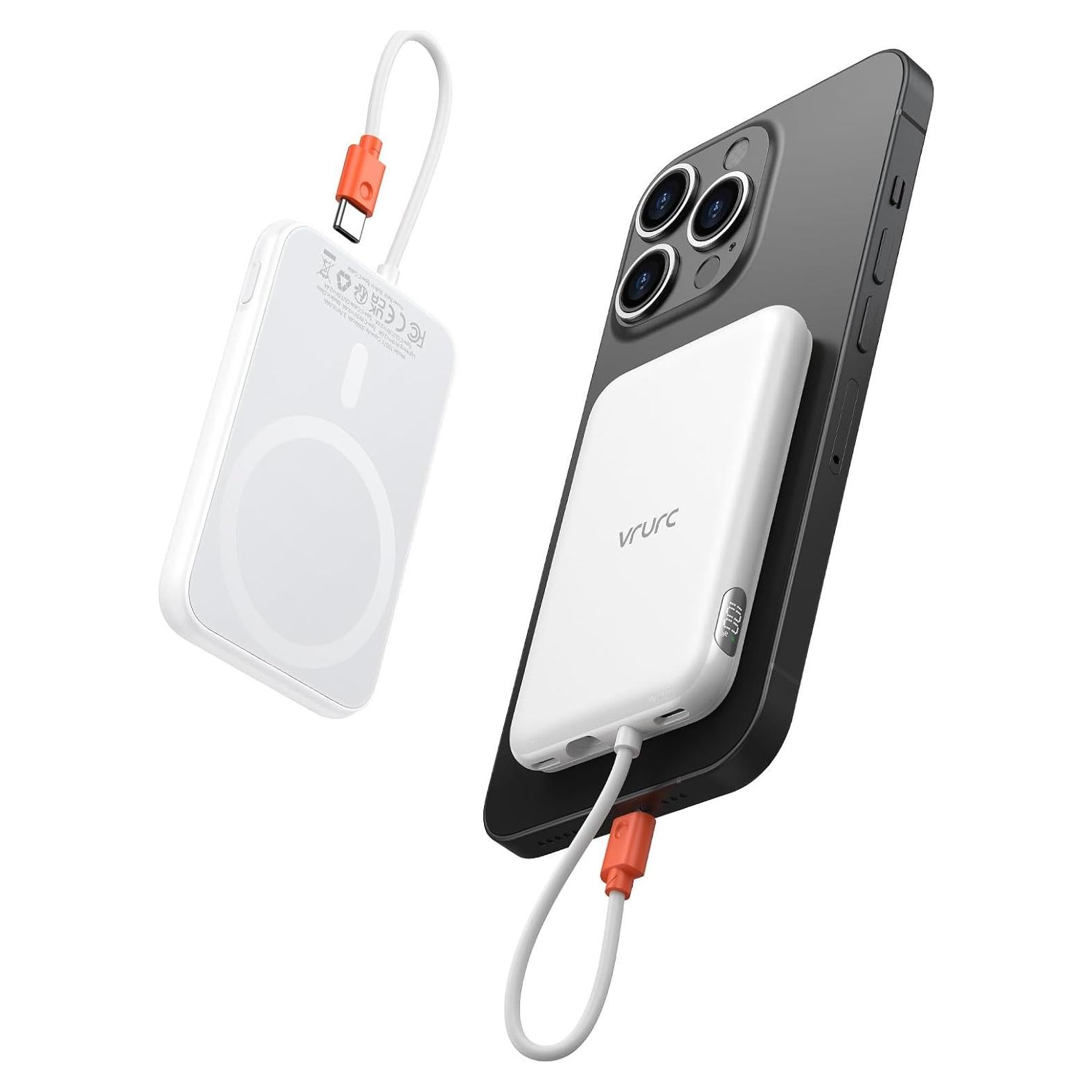 VRURC Portable Charger with Built-in Cable, 5000mAh Slim Power Bank, USB-C in & Out Port Battery Pack Port for iPhone 16/15/15 Pro/15 Plus/14/13/12/X,Android, Samsung-White