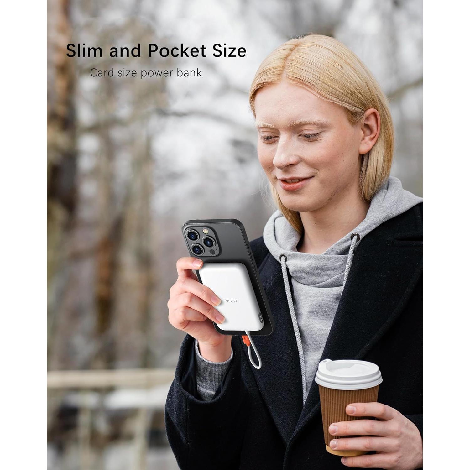 VRURC Portable Charger with Built-in Cable, 5000mAh Slim Power Bank, USB-C in & Out Port Battery Pack Port for iPhone 16/15/15 Pro/15 Plus/14/13/12/X,Android, Samsung-White