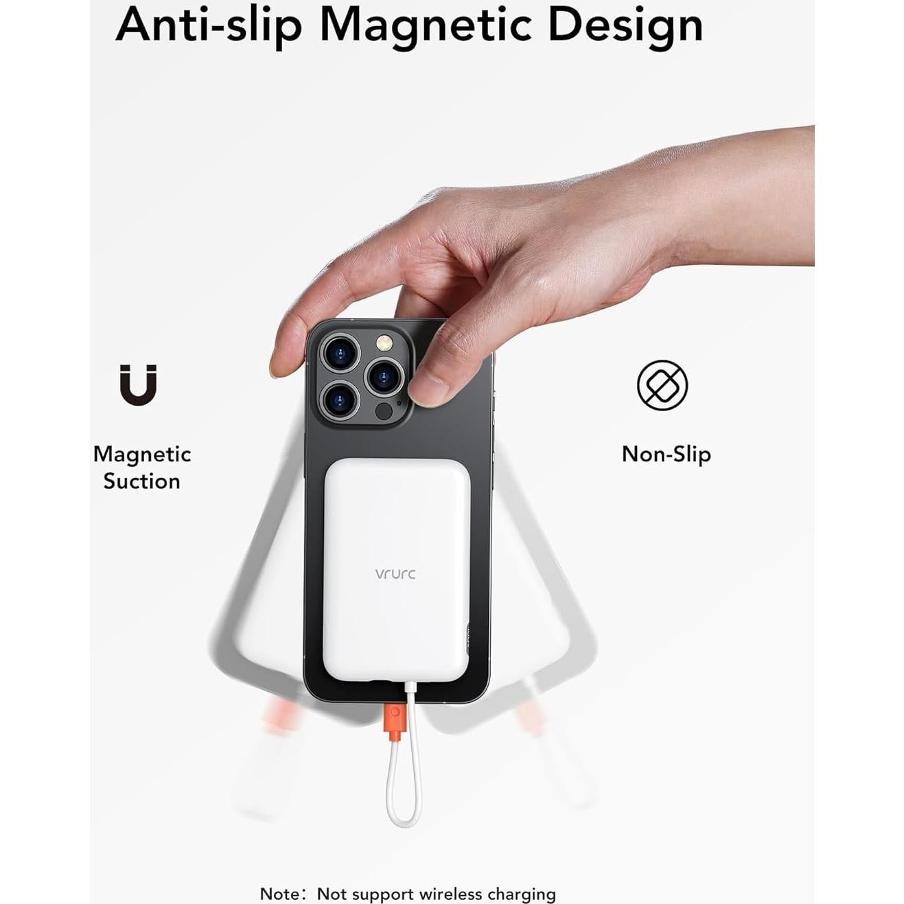 VRURC Portable Charger with Built-in Cable, 5000mAh Slim Power Bank, USB-C in & Out Port Battery Pack Port for iPhone 16/15/15 Pro/15 Plus/14/13/12/X,Android, Samsung-White