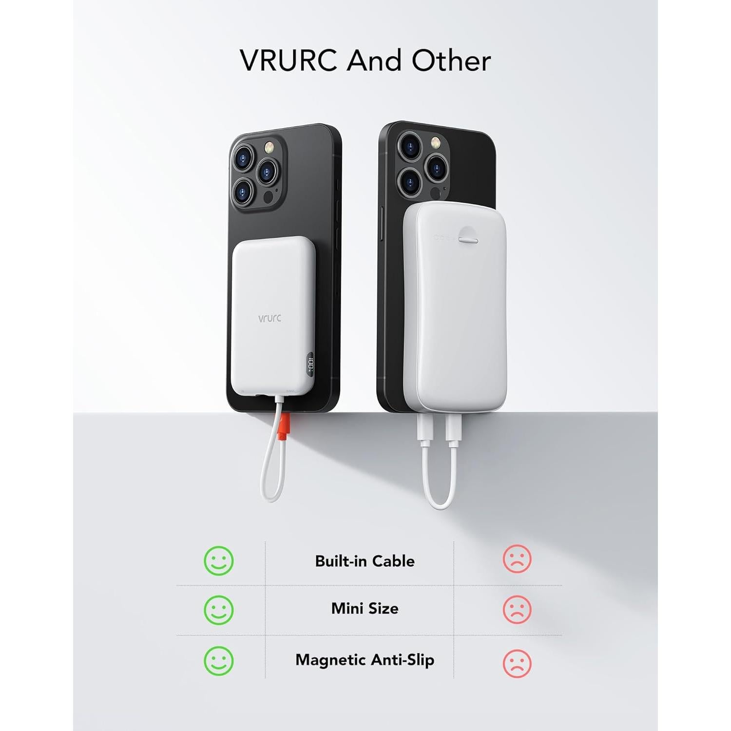 VRURC Portable Charger with Built-in Cable, 5000mAh Slim Power Bank, USB-C in & Out Port Battery Pack Port for iPhone 16/15/15 Pro/15 Plus/14/13/12/X,Android, Samsung-White