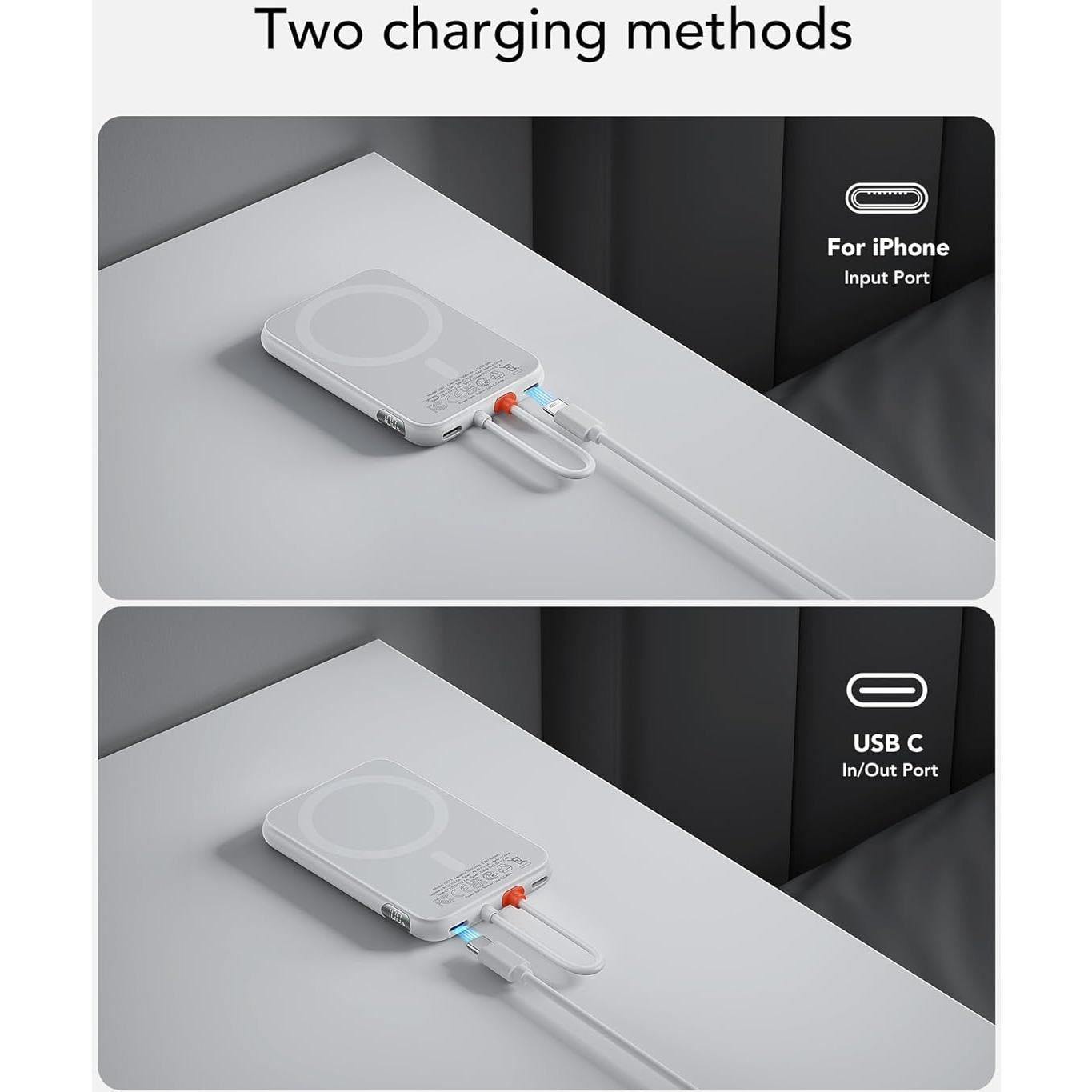 VRURC Portable Charger with Built-in Cable, 5000mAh Slim Power Bank, USB-C in & Out Port Battery Pack Port for iPhone 16/15/15 Pro/15 Plus/14/13/12/X,Android, Samsung-White