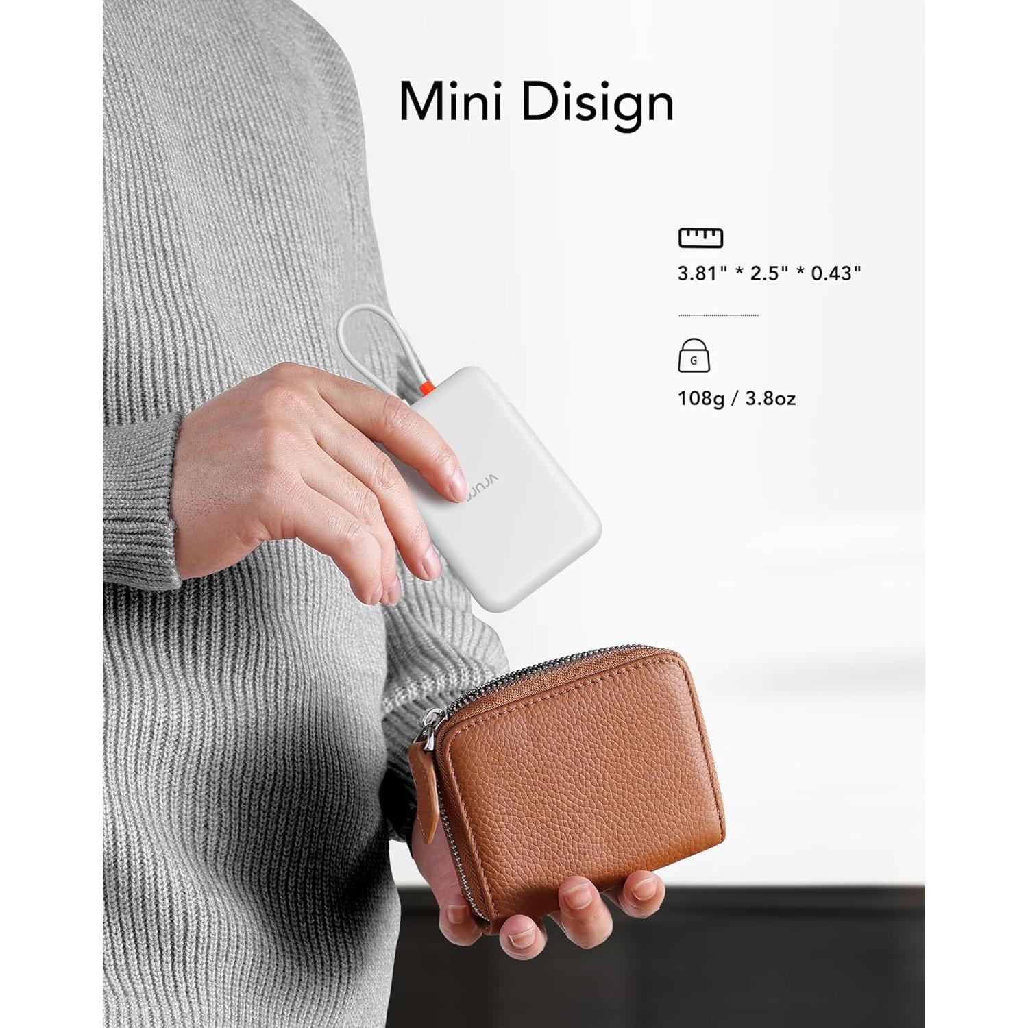 VRURC Portable Charger with Built-in Cable, 5000mAh Slim Power Bank, USB-C in & Out Port Battery Pack Port for iPhone 16/15/15 Pro/15 Plus/14/13/12/X,Android, Samsung-White