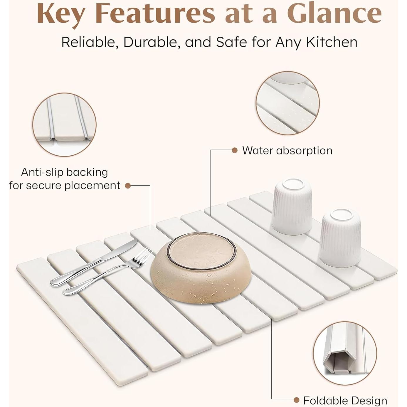 Stone Dish Drying Mat for Kitchen Counter 24"x16" – Natural Diatomaceous Earth Quick Dry Mat – XL Heat Resistant Countertop Protector – Absorbent Kitchen Accessory for Home or Gift Use